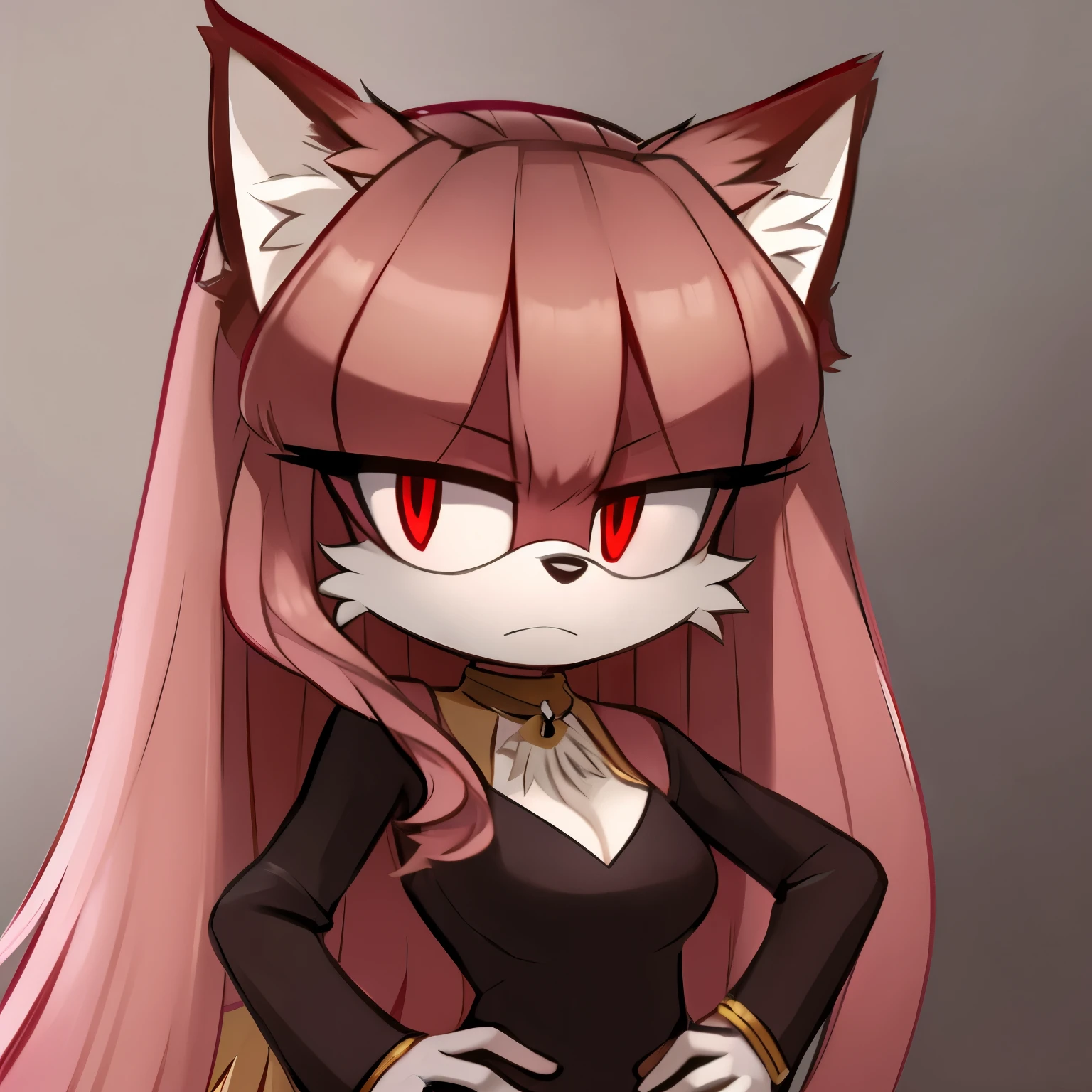 Female, Mobian, Kitsune, pinkish beige fur, white fuzzy muzzle, VERY long hair, red eyes, red makeup, serious expression, one hand on hip, hair bangs, hair on shoulders