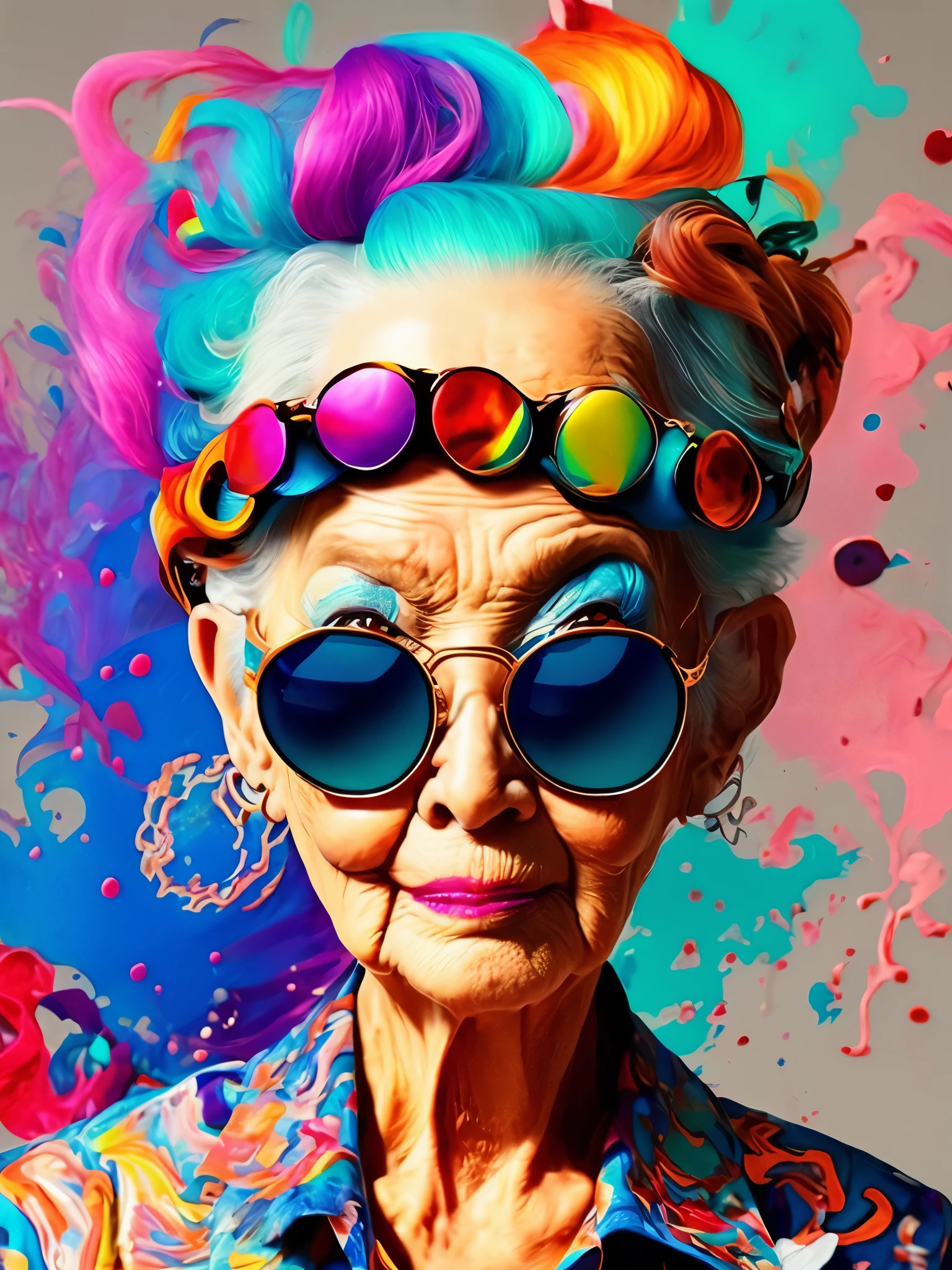 funky old lady、Fancy sunglasses、(Pose with movement)、outstanding work of art、(A masterpiece of avant-garde art:1.6)、Flashy colors、