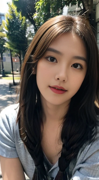 ((best quality, 8k, masterpiece:1.3)), A pretty maiden，pure，oval face，Gentle and cute，sweet smile，pure desire，thin body，(street frontage)，(tilt your head)，looking directly into the camera，, Heart, formal，Black silky long, straight hair，Long hair shawl，Big, round, black eyes，clear big eyes，Hydrated red lips，Sweet，sitting on the roadside，blue sky白云，blue sky，grassland，building，