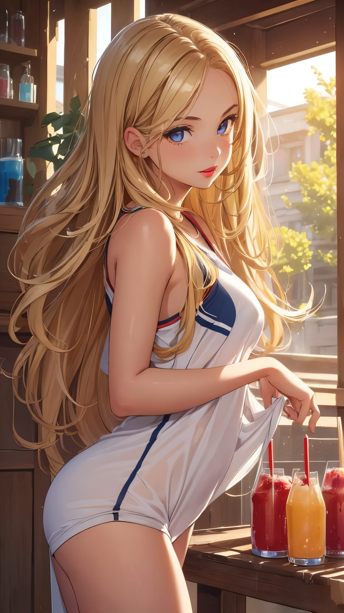 1 girl, (masterpiece, Detailed background, best quality), Long, shiny hair, blonde hair, sportswear, giggle, juicy lips, bitch juice, red lips, perfect eyes,