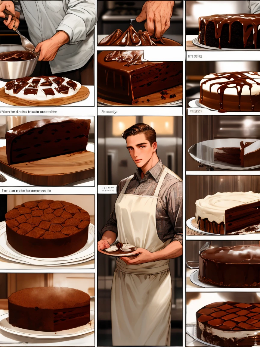 masterpiece, collage of a man baking chocolate cake