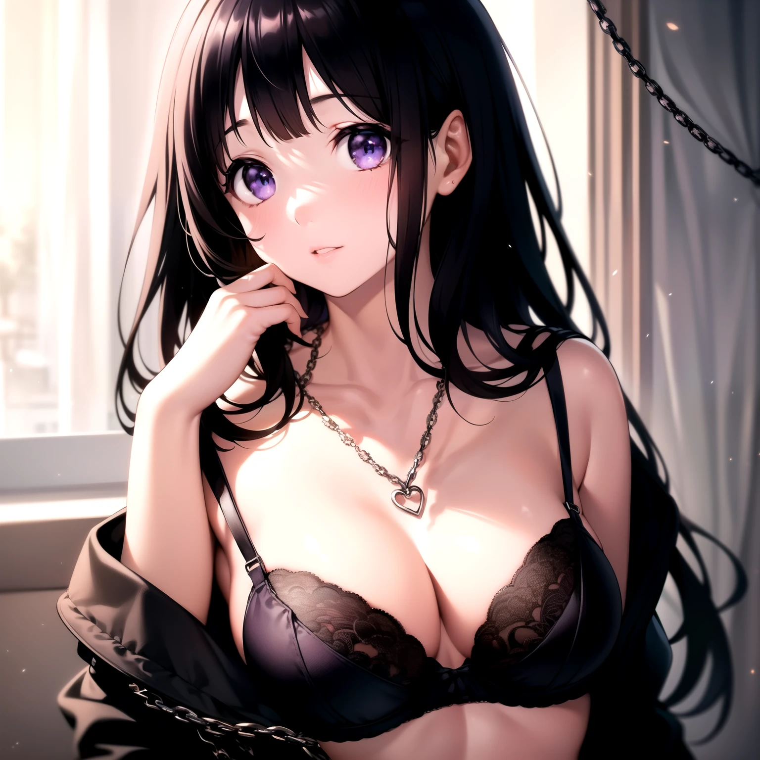 (A superb exquisite Chitanda Eru), (mature face), purple eyes, long black hair, natural streight hair, straight bangs, solo, [Small_breasts: large_breasts: 0.5], normal breasts, (((shiny Chain Bra))), extremely delicate, peerless beautiful girl, dreamy quality, exaggerated facial features, solid color, delicate face, bright lips, slender waist, straight curves, soft lights and shadows, super fine, 8K HD, (masterpiece:1.4), (finely detailed beautiful eyes: 1.2)