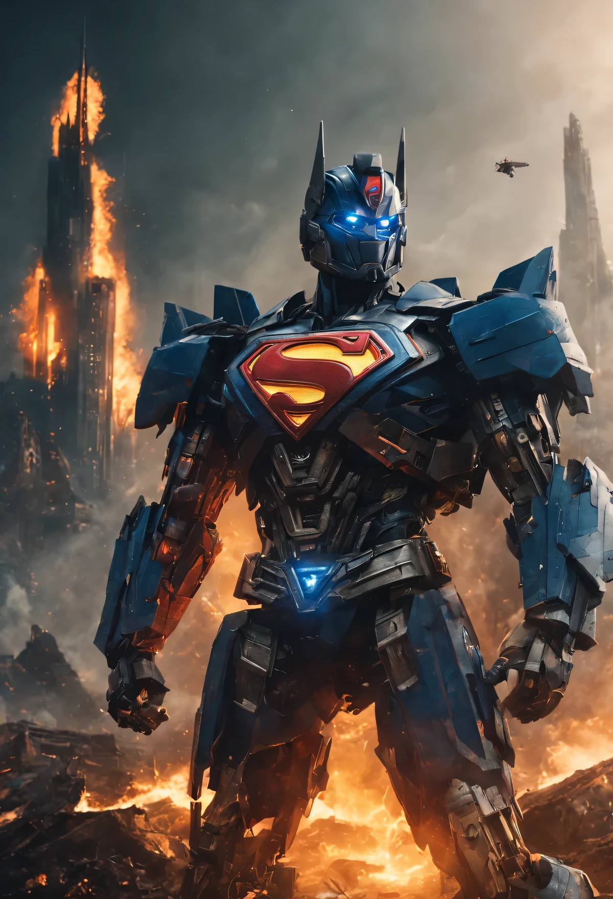 a close up of a superman standing in front of a fire, transformers cinematic universe, wojtek fus, hq 4k wallpaper, transformers : the last knight, in the movie transformers, thertrevkaiser, dwayne johnson as superman, artstation masterpiece, super robot, goku fused with optimus prime, japanese dc live-action movie, hd wallpaper, inspired by Zack Snyder