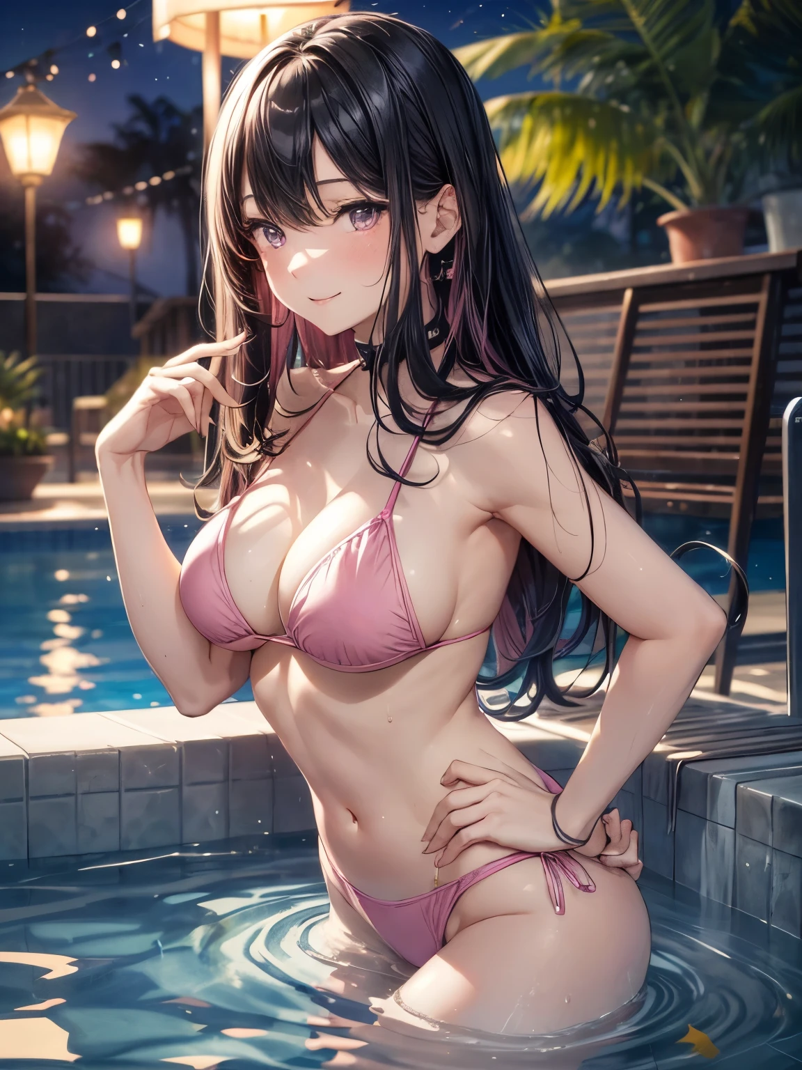 highest quality、All limbs、full finger、1 e beautiful woman、solo))、black haired woman、long hair、straight hair、big breasted big smile、((pink bikini:1.2))、(((Superior)、((open-air bath))、light up、bare hands、barefoot、full moon、night、sexy pose、hands on hipst texture