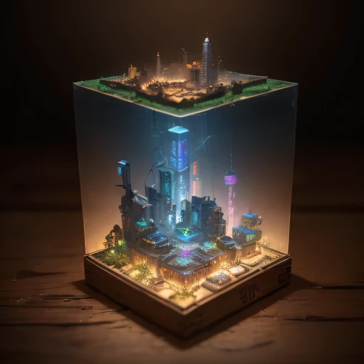 small realistic model, (8k, original photo, best quality, masterpiece:1.4),SteampunkCyberpunk1996 city,(Cyberpunk light:1.3),on the table,horizon (related to land),(in a small nature box:1.3),Isometric, small nature, landscape on foundation,landscape,