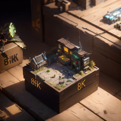 small realistic model, (8k, original photo, best quality, masterpiece:1.4),SteampunkCyberpunk1996 city,(Cyberpunk light:1.3),on the table,horizon (related to land),(in a small nature box:1.3),Isometric, small nature, landscape on foundation,landscape,