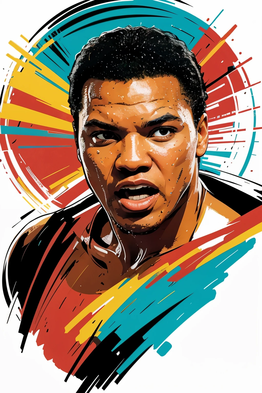 Illustrate Muhammad Ali in a dynamic fighting scene with an open mouth roaring his defiance, using bold, multicolored strokes to evoke the electrifying atmosphere of the boxing arena, Vector flat design, multicolors, simple draw, Urban Art, painting, art, artwork, alone, sweaty skin, Create a vector art featuring a central circle, surrounded by intricate details and vibrant colors, set against a clean white background.