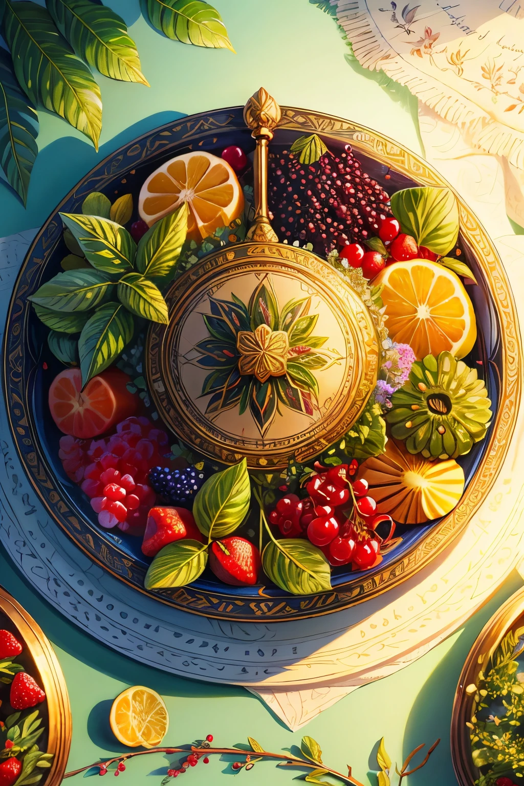 (best quality, highres), detailed herbal manuscript page with intricate illustrations of herbs, fruits, and berries, elaborate calligraphy, ultra-detailed depictions of each plant and fruit, top-down perspective, centered composition, no human presence
