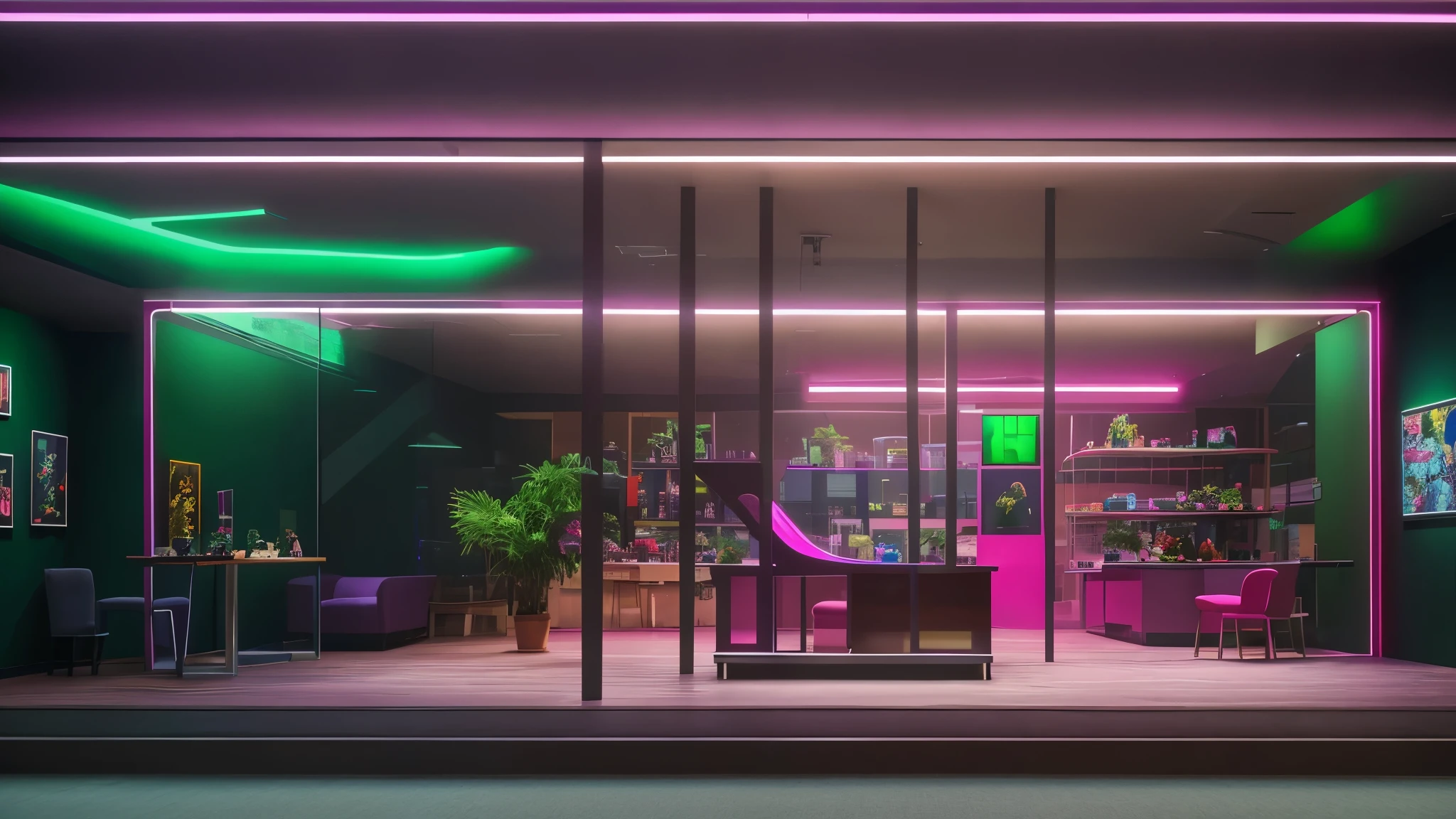 panoramic, Simple structure, neon lights, furniture, Exhibition hall, clean background, Glass, natural elements, high contrast, The whole picture is only green and pink, The picture is dark, perspective, 135mm, panorama, UHD, masterpiece, ccurate, best quality, highres, high quality, anatomically correct, retina, highres, best quality, masterpiece, high details, super detail