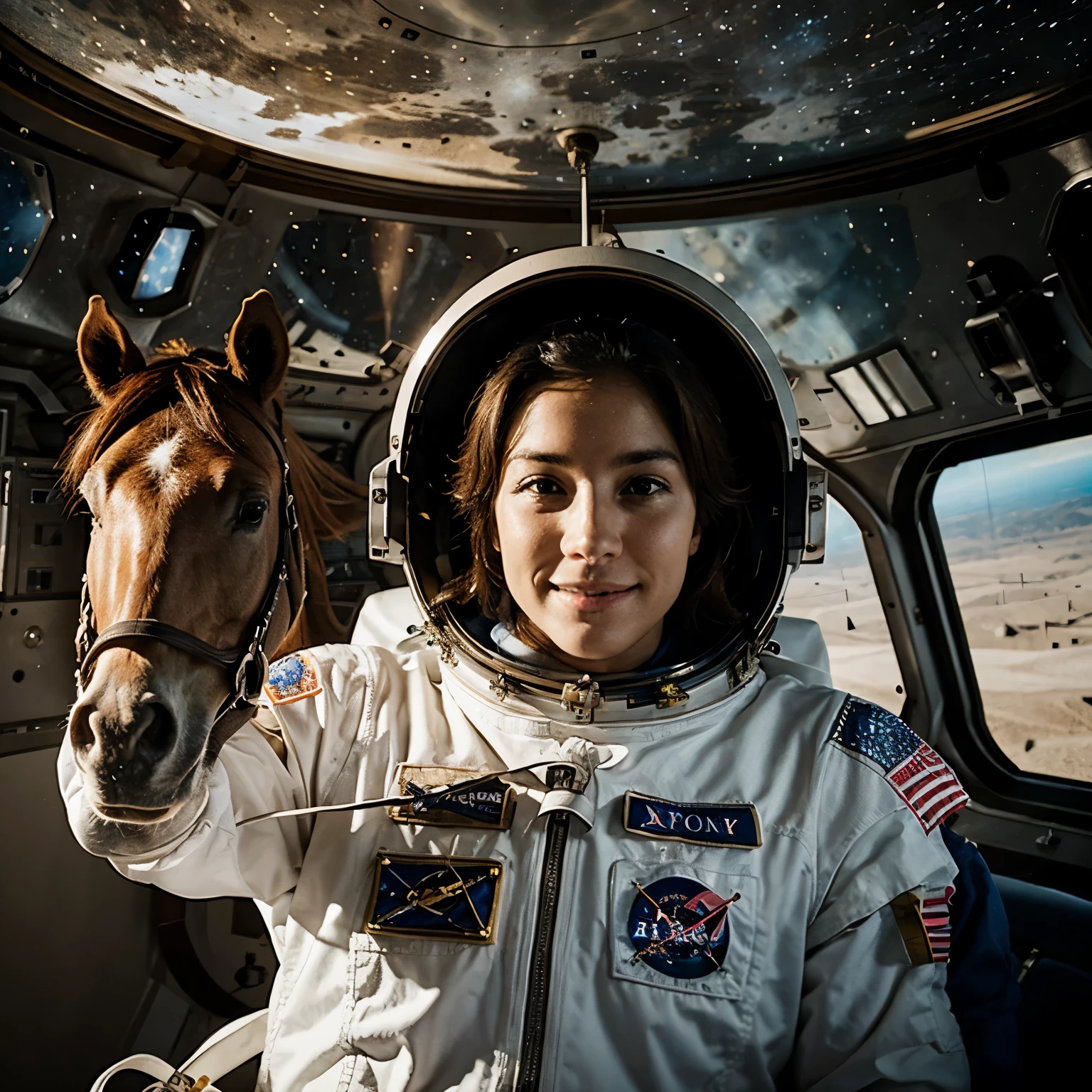 An astronaut holding up a horse in space