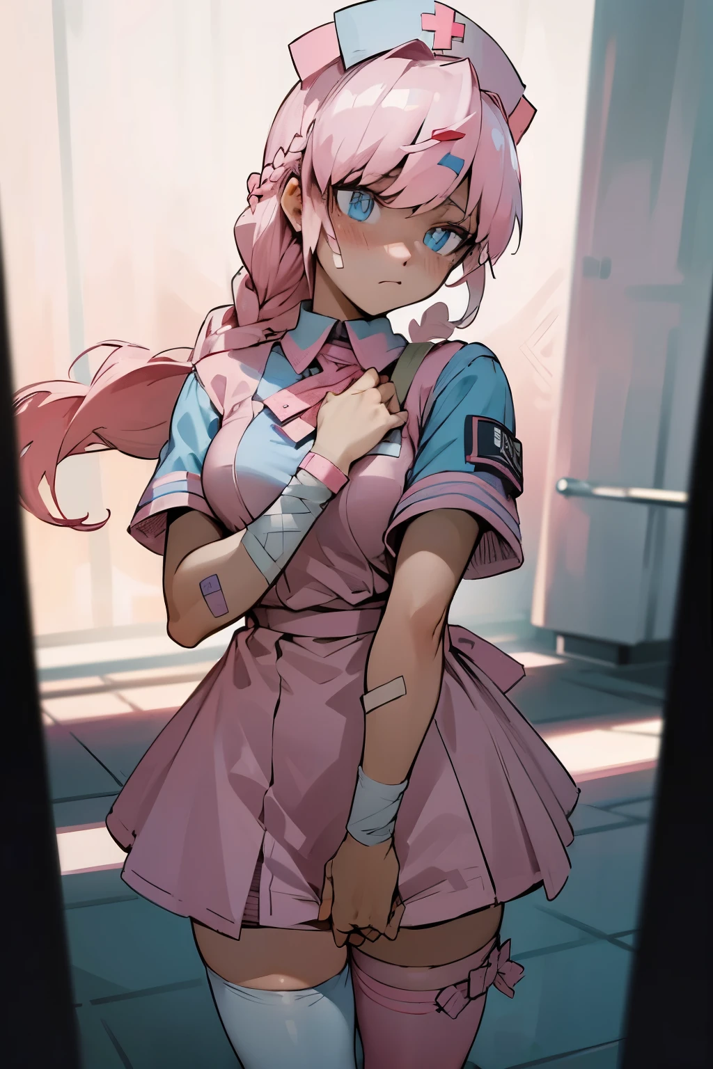 (masterpiece, best quality, 8k, sharp focus, depth of field, best shadows, perfect lights, HDR, realistic skin texture, clinnic, ultra-detailed background, detailed), anime style, pink nurse outfit, nurse_cap, hair_ornament, blue_eyes, pink_pupils, long_hair, bandaid, bandaids, blue_thighhigh, pink_thighhigh, mismatched_legwear, braid, full face blush, embarassed, grasp own outfit, bandaid, bandaids, closed mouth, frowned, cover mouth