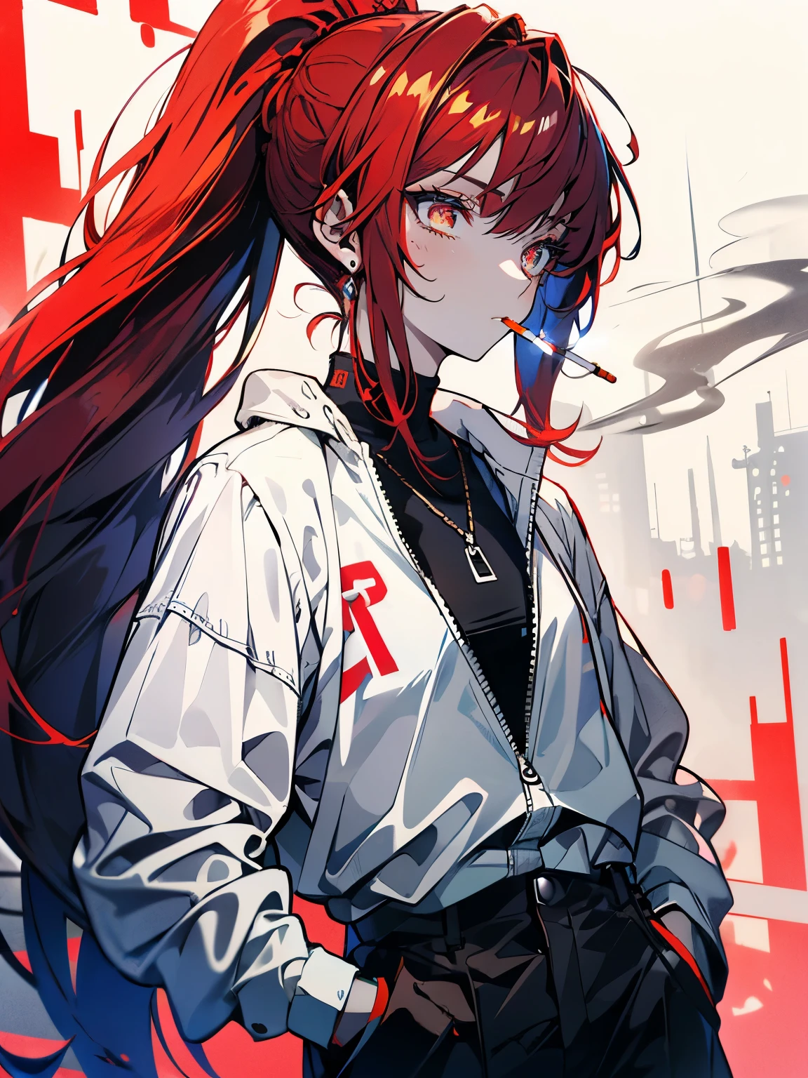 (best art :1.3),
white skin,red hair,(1 stacked girl smoking a cigarette,hands in pockets,smoking,Gebura,smoking,cigarette,black bodysuit, red jacket,:1.3),tall,perfect hands,perfect fingers,
ultra high res, masterpiece, best quality,
<lora:Gebura:1> <lora:smoking_cigarettes_anime_v1:0.3>