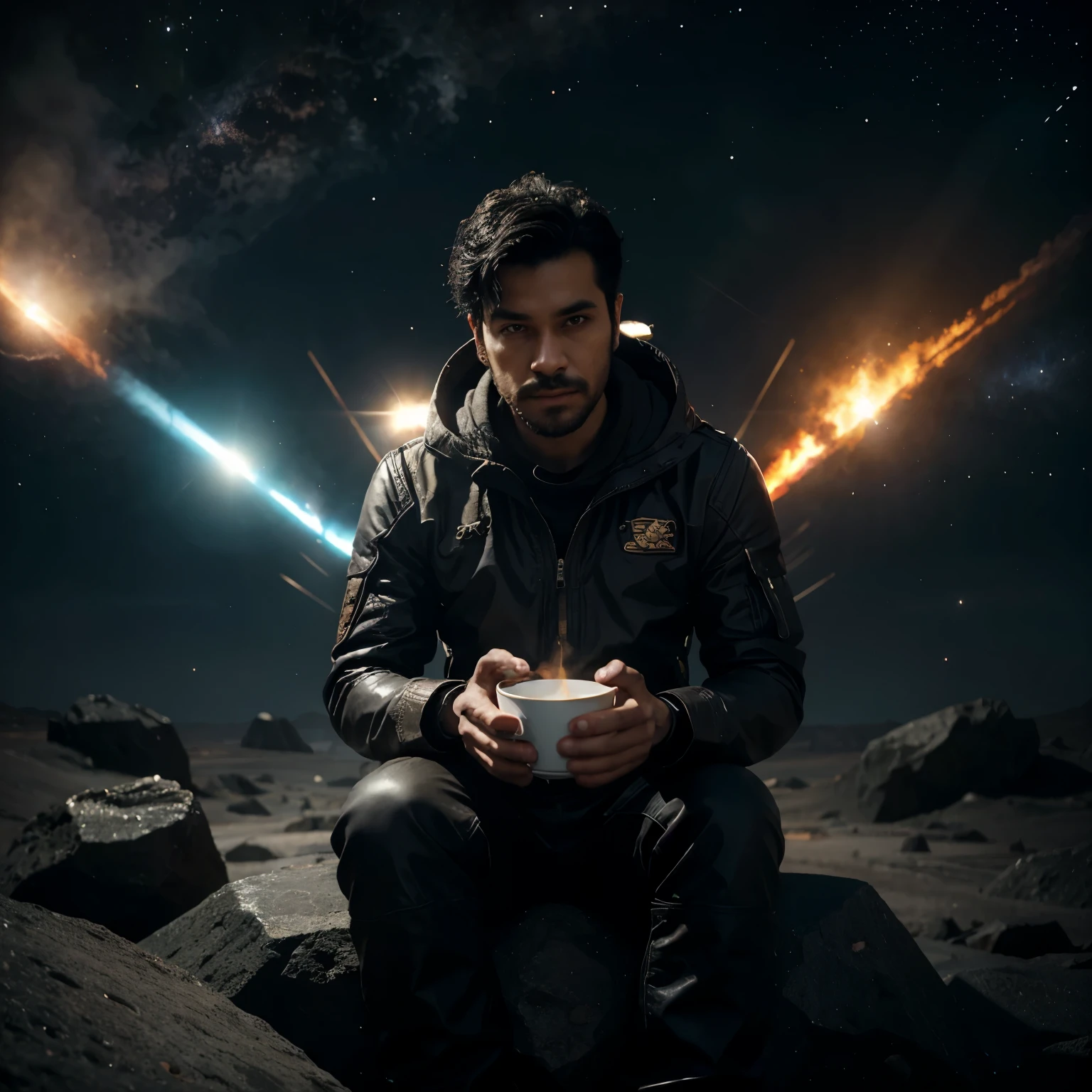 Desenhe o draken de tokyo revergens, sitting on a research platform floating in the middle of an asteroid belt. He has a cup of coffee, surrounded by several dragons glowing with fiery auras. Dramatic lighting from distant stars and planets illuminates the scene, casting deep shadows on the costume. O jovem parece confiante e determinado, Looking at the vast and mysterious universe with awe and respect,facial hair and black hair