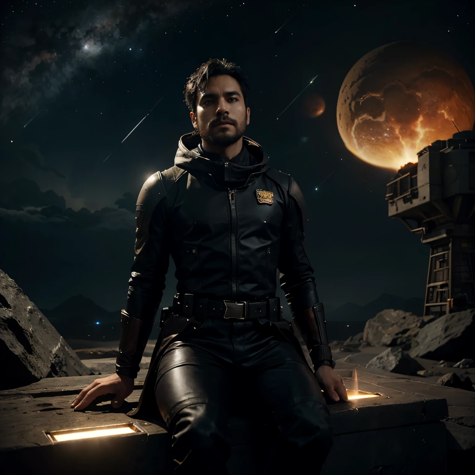 Desenhe o draken de tokyo revergens, sitting on a research platform floating in the middle of an asteroid belt. He has a cup of coffee, surrounded by several dragons glowing with fiery auras. Dramatic lighting from distant stars and planets illuminates the scene, casting deep shadows on the costume. O jovem parece confiante e determinado, Looking at the vast and mysterious universe with awe and respect,facial hair and black hair