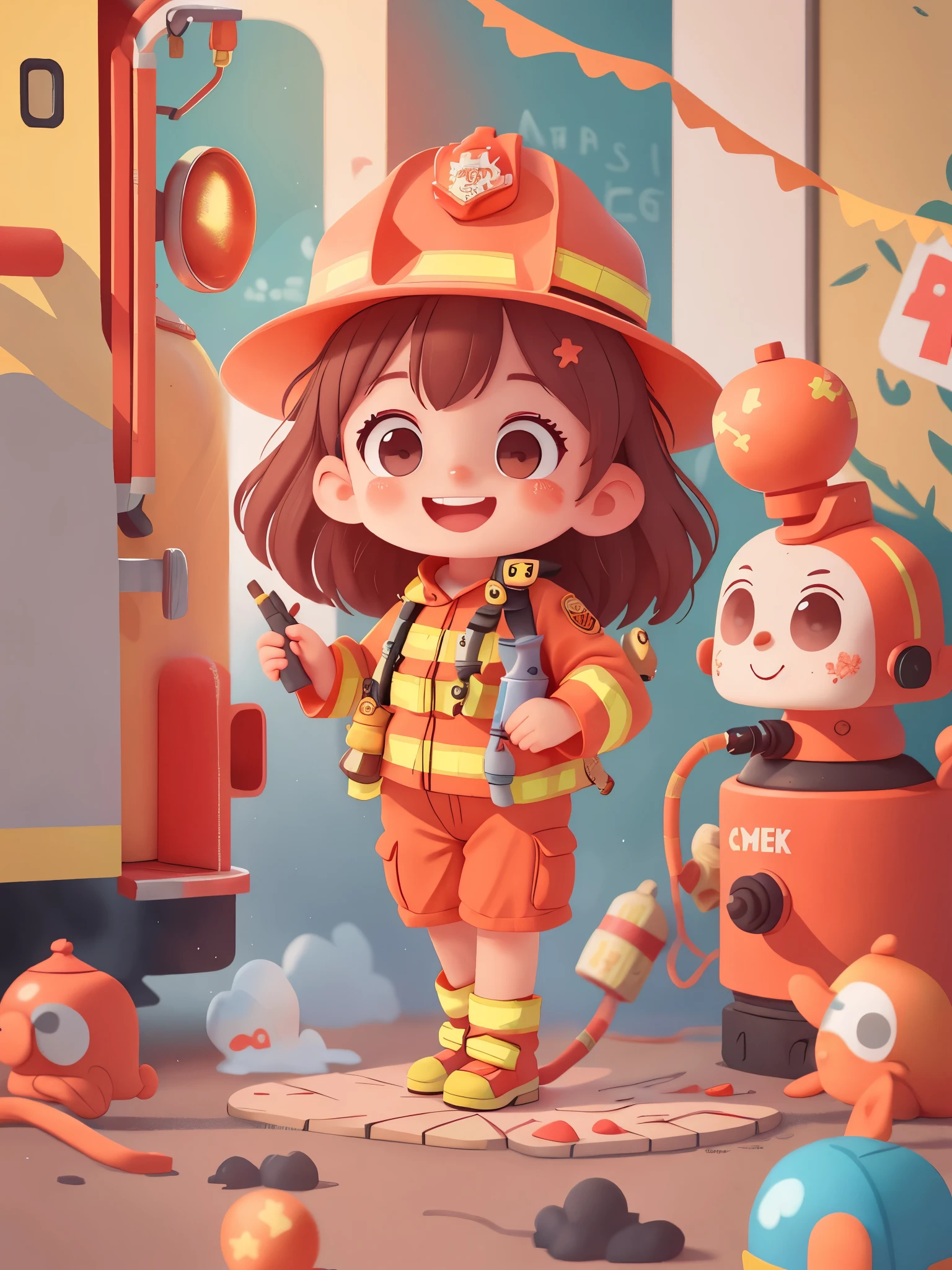 Cute girl who dreams of becoming a firefighter, ((preschool)),Dress up as a fireman,Wearing orange ones(((firefighter costume))), ((Firefighter hat)),Holding a dripping fire hydrant,standing in front of fire truck, smiling, (masterpiece: 1.2) (actual: 1.2) (Bokeh) (best quality) (delicate skin: 1.3) (intricate details) (8k) (exquisite eyes) (sharp focus), (happy)