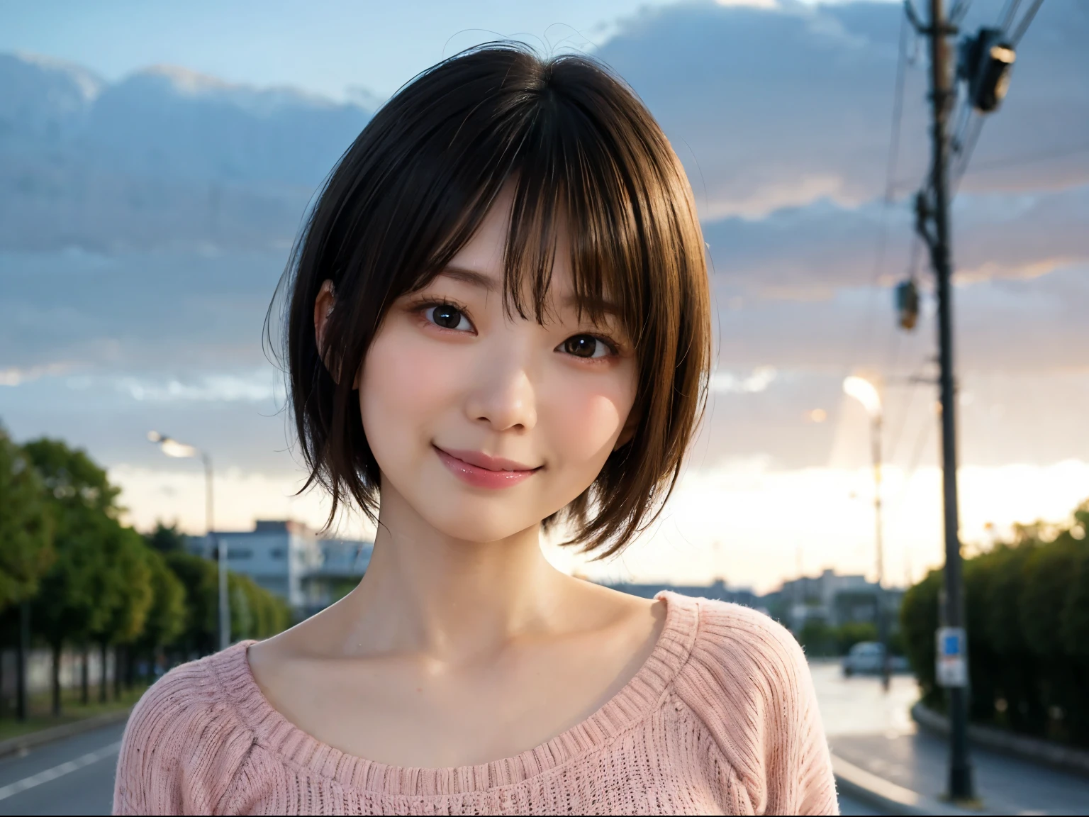 Japan woman in casual clothes on street corner of Tokyo at night、Wearing black-rimmed frame glasses、look at the audience、(highest quality、masterpiece)))、High resolution、very detailed、masterpiece、movie lighting、(8K、highest quality、masterpiece:1.2)、(real、photorealistic:1.37) high resolution、super detail、asian, cute, cute顔, solo, short hair1.2, textured skin, Beautiful detailed night sky, night scenery、movie lighting, Depth of bounds written, lens flare light、(upper part of the body:0.5)、On a date、(blush nose)、(A sloppy smile:1.15)、(mouth closed)small breasts、beautiful detail eyes、(sweater:1.1)、(short hair:1.2)、Floating hair Nova frog style