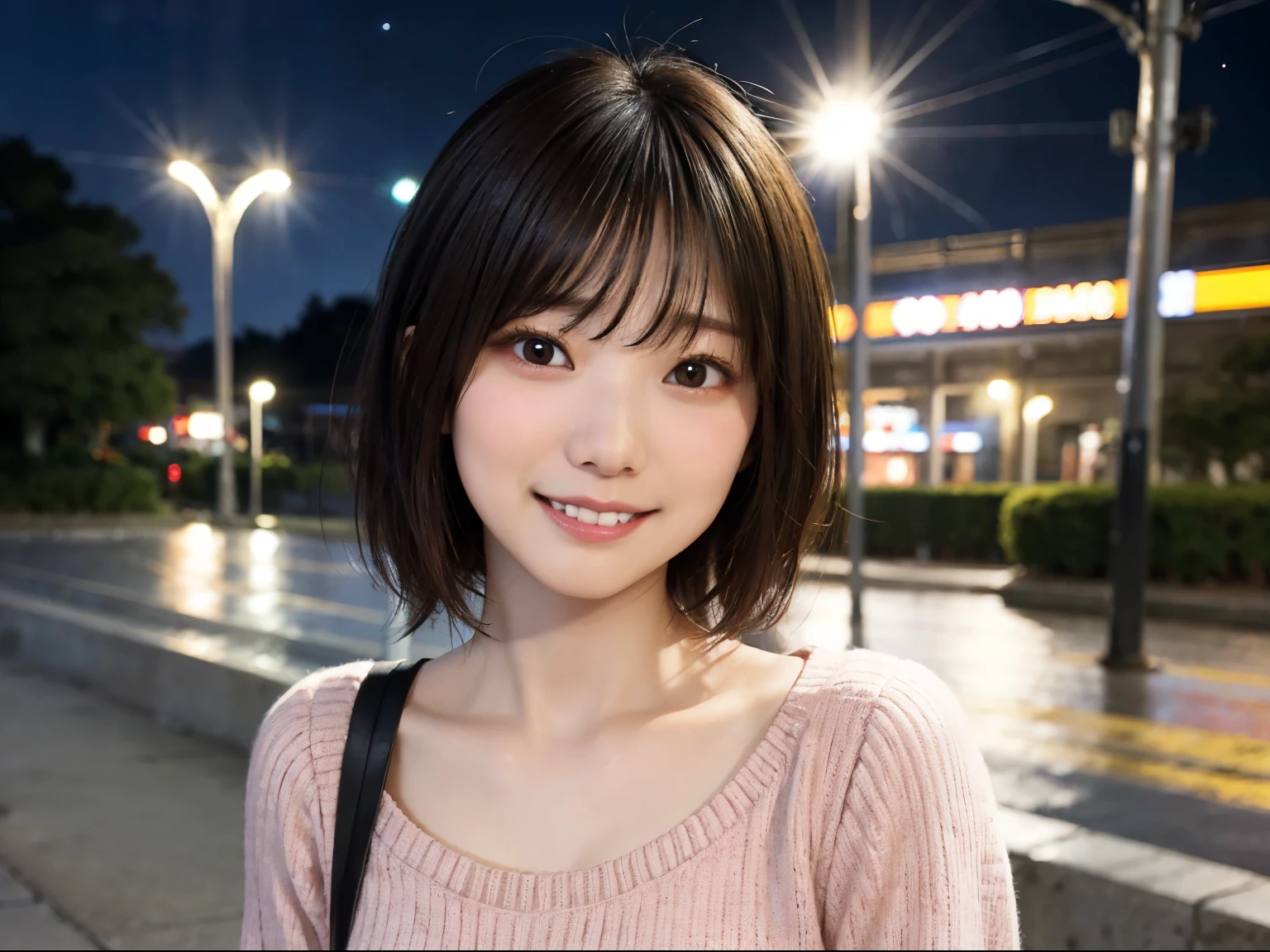 Japan woman in casual clothes on street corner of Tokyo at night、Wearing black-rimmed frame glasses、look at the audience、(highest quality、masterpiece)))、High resolution、very detailed、masterpiece、movie lighting、(8K、highest quality、masterpiece:1.2)、(real、photorealistic:1.37) high resolution、super detail、asian, cute, cute顔, solo, short hair1.2, textured skin, Beautiful detailed night sky, night scenery、movie lighting, Depth of bounds written, lens flare light、(upper part of the body:0.5)、On a date、(blush nose)、(A sloppy smile:1.15)、(mouth closed)small breasts、beautiful detail eyes、(sweater:1.1)、(short hair:1.2)、Floating hair Nova frog style