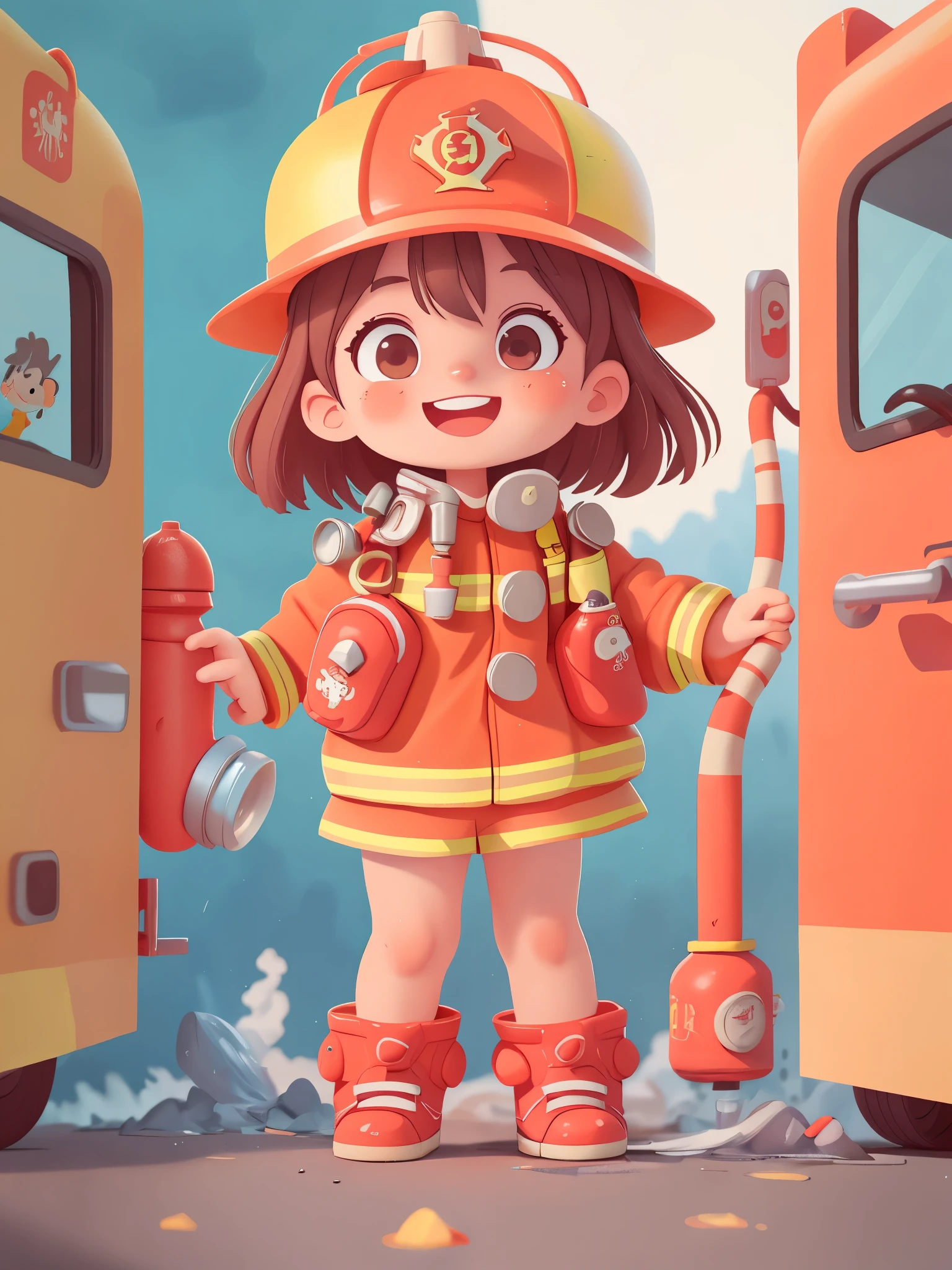 Cute girl who dreams of becoming a firefighter, (()),Dress up as a fireman,Wearing orange ones(((firefighter costume))), ((Firefighter hat)),Holding a dripping fire hydrant,standing in front of fire truck, smiling, (masterpiece: 1.2) (actual: 1.2) (Bokeh) (best quality) (delicate skin: 1.3) (intricate details) (8k) (exquisite eyes) (sharp focus), (happy)