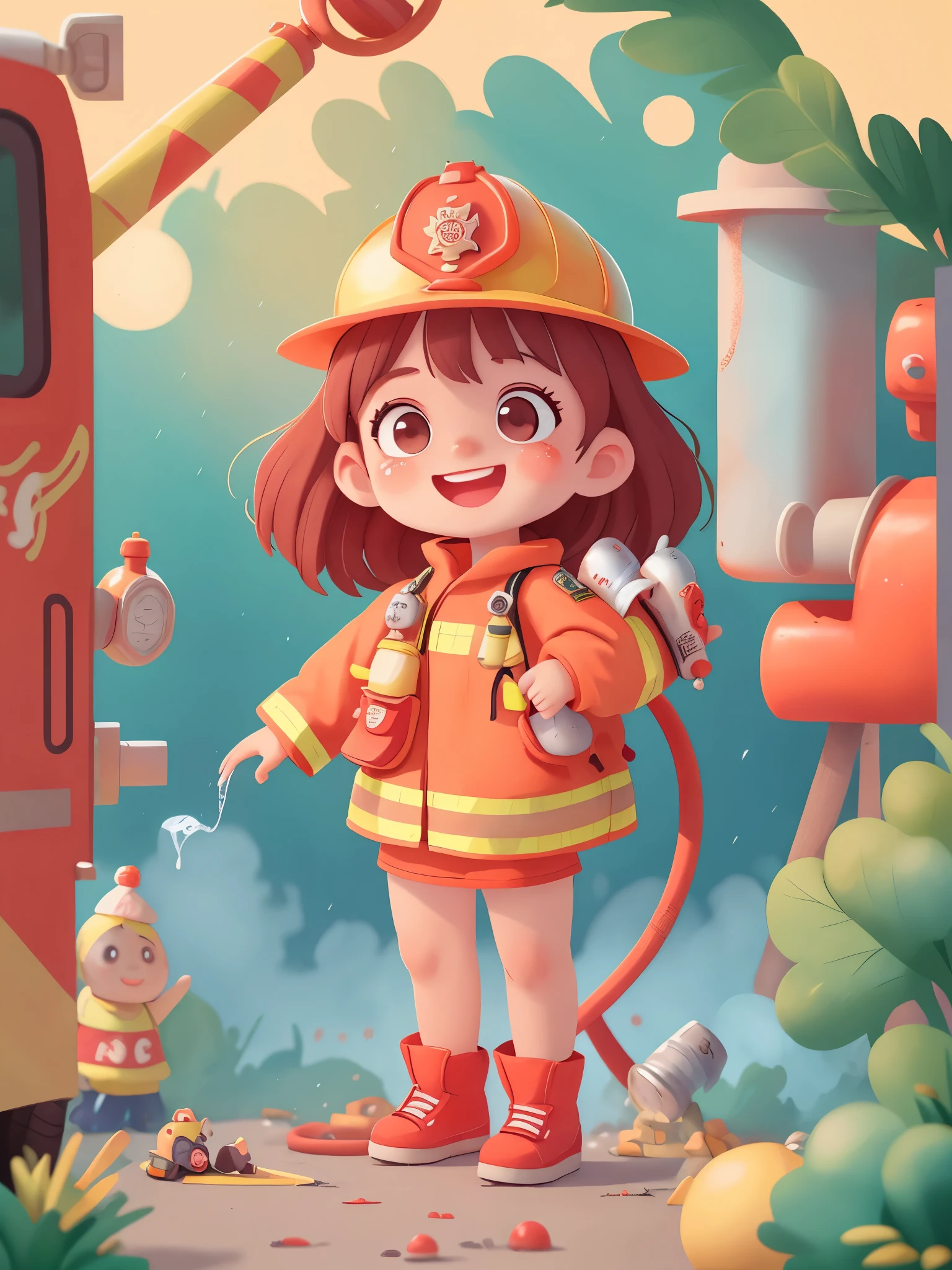 Cute girl who dreams of becoming a firefighter, ((preschool))，Dress up as a fireman，Wearing orange ones(((firefighter costume))), ((Firefighter hat))，Holding a dripping fire hydrant，standing in front of fire truck， smiling, (masterpiece: 1.2) (actual: 1.2) (Bokeh) (best quality) (delicate skin: 1.3) (intricate details) (8k) (exquisite eyes) (sharp focus), (happy)