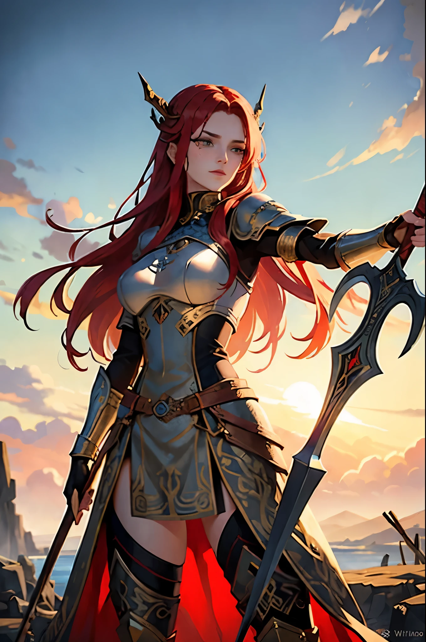 ((Masterpiece)) portrayal of a fierce female Viking warrior, ((best quality)). She stands proudly with her battle-scarred and painted face, accentuating her war-readiness. Her long, flowing red hair cascades down her back, catching the wind as she prepares for battle. In her powerful hand, she wields her battle axe with precision, its metallic surface gleaming under the sunlight. Her other hand grips her shield tightly, the intricate designs etched into its surface reflecting the sunlight.

The portrait is rendered in meticulous detail, ((detailed)), with each line and texture brought to life in ((perfect face)) perfection. Her eyes,