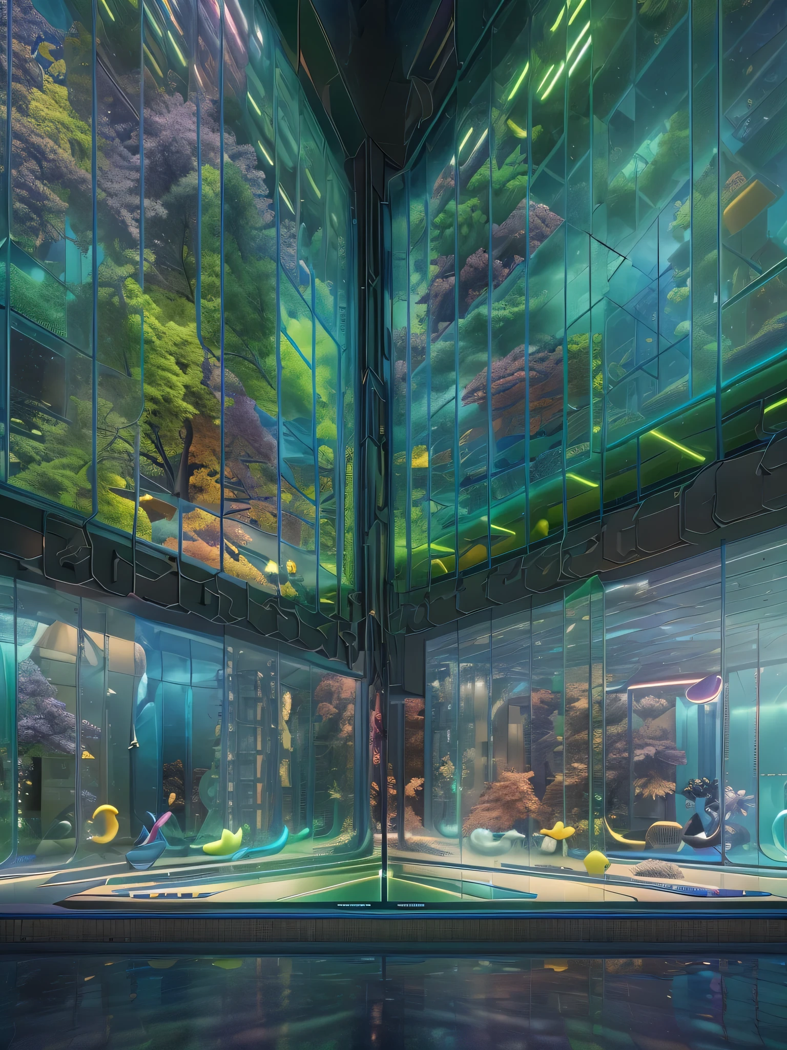 Several glass exhibition halls are put together to form a complete exhibition hall., furniture showroom, Concept exhibition hall like a jigsaw puzzle, Magical place, different colored glass, clean screen, Sci-fi sense, neon lights, not real, nature, houseplant, Environmentally friendly, On the surface of the sea, 3D modeling, high contrast, high resolution, clear details, ultra high definition, dark background, The whole picture, high detail, 135mm, panoramic, 8k, ultra high definition, masterpiece, precise, best quality, high resolution, high quality, anatomically correct, retina