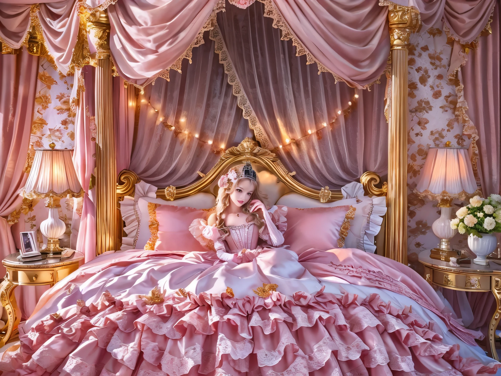 ,highest quality, masterpiece, highest resolution, artwork, super それにget used to it, many get used to it, get used to it, それにget used to it, 3K realistic photos,,(( At the age of 10)),Super detailed baby face,She is a princess,Full length ball gown dress with hoop skirt,ruffled yoke collar,puff sleeves,long sleeve,((Lolita style hot pink detailed princess satin dress、Comes with lots of frills and ribbons。)),Colorful fashion in rococo style,shiny satin dress,Soft and smooth fabric,luxury,long blonde hair,blue eyes,white skin european,pajamas,((inside the palace)),,,(( At the age of 10)),Super detailed baby face,Full length ball gown dress with hoop skirt,ruffled yoke collar,puff sleeves,腰まで伸びるlong blonde hair,blue eyes,white skin european,pajamas,((inside the palace bedroom)),ピンクのシルクサテンのluxuryなcanopy bedの上,canopy bed,luxurious curtains under the canopy,many frilly pillows on the bed,super detailed background,Detailed bed,romantic atmosphere,A little princess is sleeping in the bed,resting one&#39;s head on a pillow,illustration of beautiful girl,detailed beautiful face detailed hair,detailed human eyes ,detailed mouth,

Detailed arm,datailed hand,