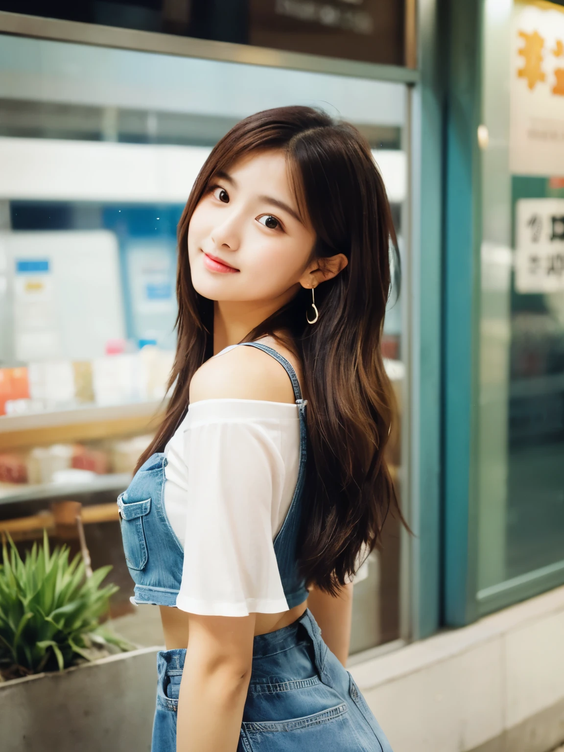 (perfect photo)full body shot、Innocent look、beautiful face、perfect face、korean idol、girl、cute face、Drooping eyes、plump lips、brown hair、Random hair、earrings、fashionable snaps、outdoor、In town、Polaroid Camera