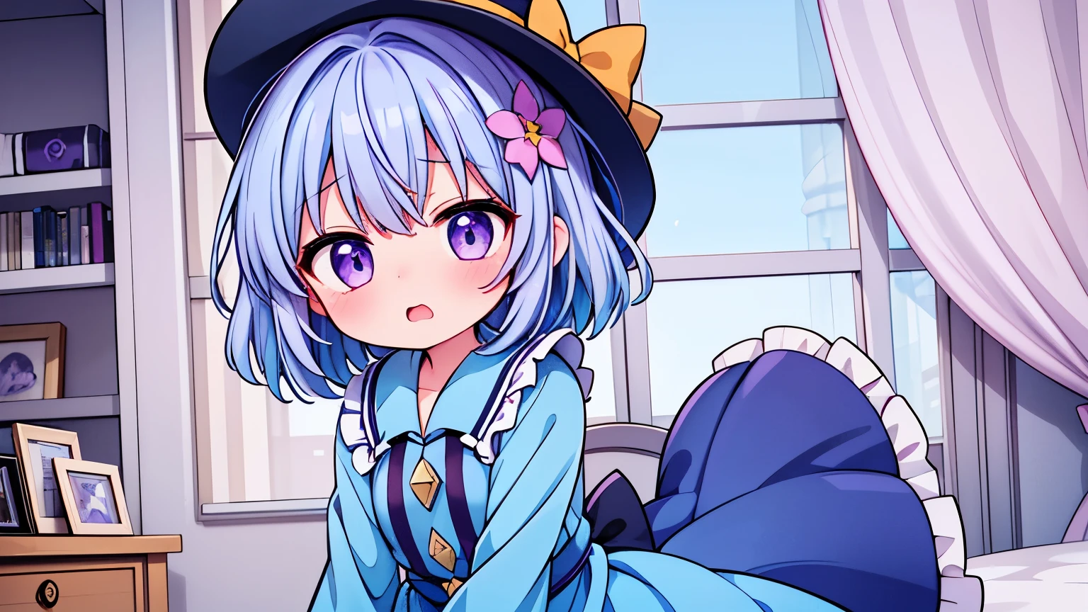 highest quality、8K、one girl、komeiji koishi,close range, blushing face、room、dark blue clothes、purple hair、light blue skirt、take off your hat、Facing the camera、purple pupil、mouth open、Flower-shaped light blue hair ornament、Pink collar、troubled face