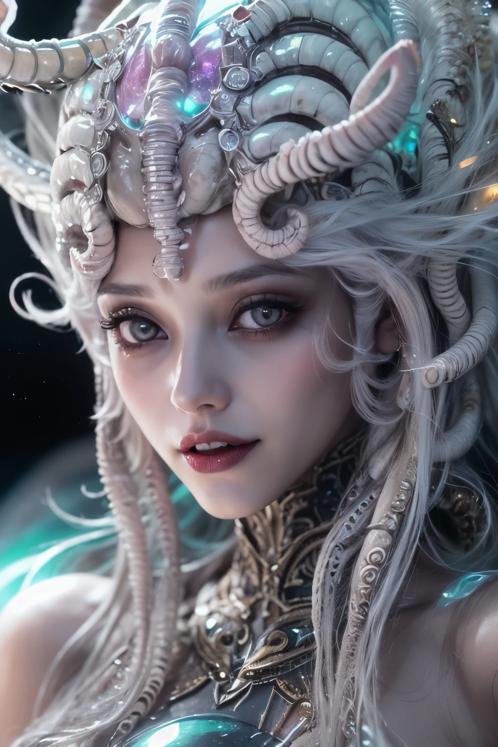(A portrait of one beautiful and obscene female alien who is a young teenager:1.4), ((There is a female genital-like organ in the middle of her forehead:1.8)), (realistic face:1.2), (Numerous award-winning masterpieces, with incredible detail, textures and maximum detail), artistic photography, midnight aura, unreal engine 5, Ultra Sharp Focus, art by Amano Yoshitaka, ArtGerm, Roisch, intricate artwork, ultra realistic realism, high resolution, High freshness, drawing faithfully, official art, Unity 8K Wall paper, ultra detailed artistic photography, dream-like, Creation of fantasy, dream Snail, (biopunk nautilus:1.3),Thrilling color schemes, seductively smiling, Amazing mutation, well-proportioned body, goddess of the deep sea, fractal, Geometric pattern, impossible figures, (translucent white tentacles with luminescent organs:1.4), subtle emerald green accents, (smiling seductively:1.3),(She has the most beautiful face in the history of the universe:1.5), Penelope Cruz, (she is looking down at viewers with glowing iridescent eyes with no pupils:1.3), an evil gaze that seduces, cinematic lighting, (Vampire-like long canine teeth can be glimpsed through the gap between the cute lips:1.3), in the hall of the palace, Sweet breath is exhaling from beautiful lips, ecstatic expression,