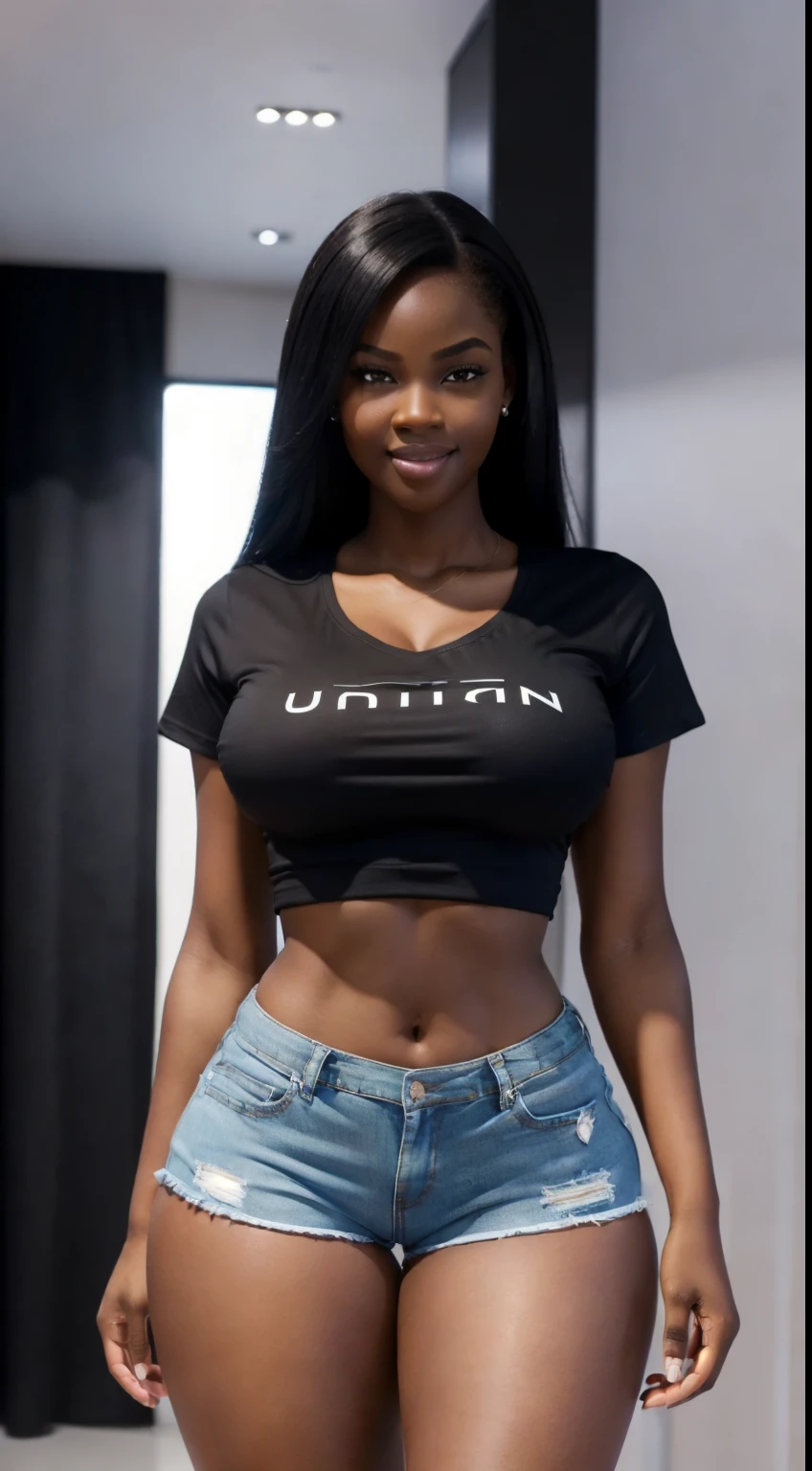 (ultra high definition), (ultra high definition), (full sharpness), (maximum quality), (Cinematic), (8k), (very black Girl), ((very tall girl), ((chubby)), ((extremely beautiful)), (alone), ((full body)), (ultra detailed face), (ultra detailed eyes), (ultra realist eyes), (perfect body), (delicate hands), (very detailed hands), (studio lighting), ((front view)), (very sexy), (malicious smile), (soft skin), (very insinuating), ((perky butt)), (((wearing shorts and t-shirt))), ((ultra wide hips)), (very thick thighs), ((very thin waist)), (very small breasts), (very big ass), (natural skin), (unique), (totally realistic), (very hot), (very fat ass), (very wide ass), (so sweet), temptation), (very wide pubis), (broad bones), (very round ass), ((no belly)), ((flat belly))