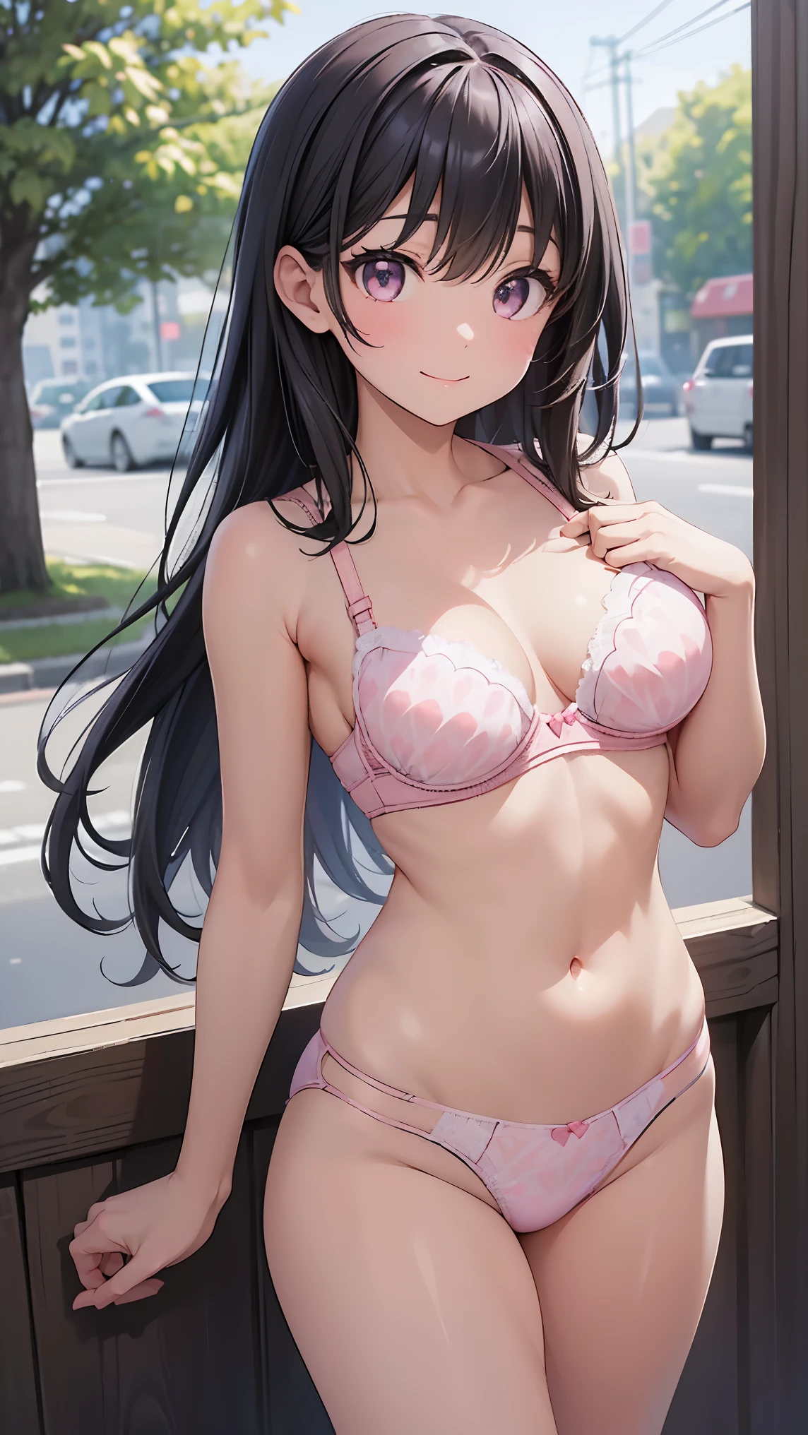 muste piece、highest quality、High resolution、nffsw、perfect pixel、1 girl、cute、perfect body、anatomically correct、beautiful eyelashes, realistic eyes、smile、((Clear pink heart pattern bra))、((Clear pink heart pattern panties))、Wearing only underwear、Smooth texture:0.75、blue sky outdoors、I can see your panties、Bra visible、Overall bright、cinematic light、black hair、brown eyes