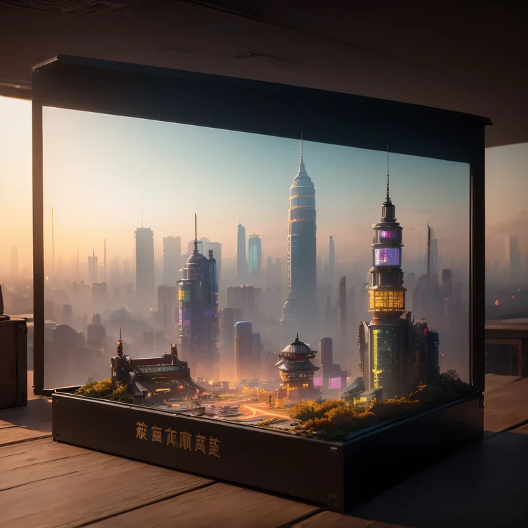 small realistic model, (rich, original photo, best quality, masterpiece:1.4),SteampunkCyberpunk1996 city,(Cyberpunk light:1.3),on the table,horizon (related to land),(in a small nature box:1.3),Isometric, small nature, landscape on foundation,landscape,