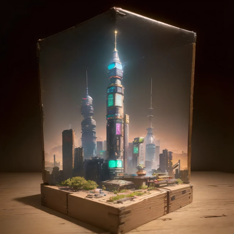 small realistic model, (rich, original photo, best quality, masterpiece:1.4),SteampunkCyberpunk1996 city,(Cyberpunk light:1.3),on the table,horizon (related to land),(in a small nature box:1.3),Isometric, small nature, landscape on foundation,landscape,