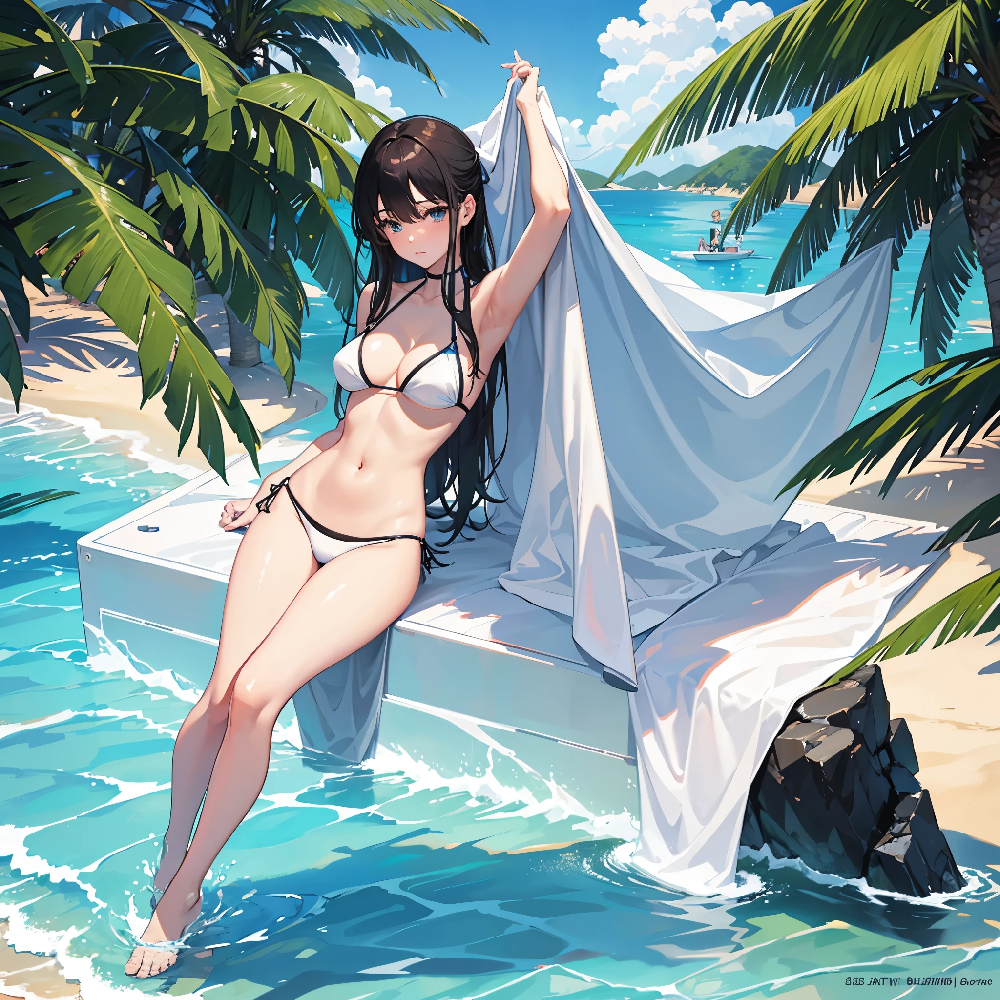 Beautiful girl 18 years old big tits slender body smooth white skin sexy on the beach wearing a bikini holding a cell phone