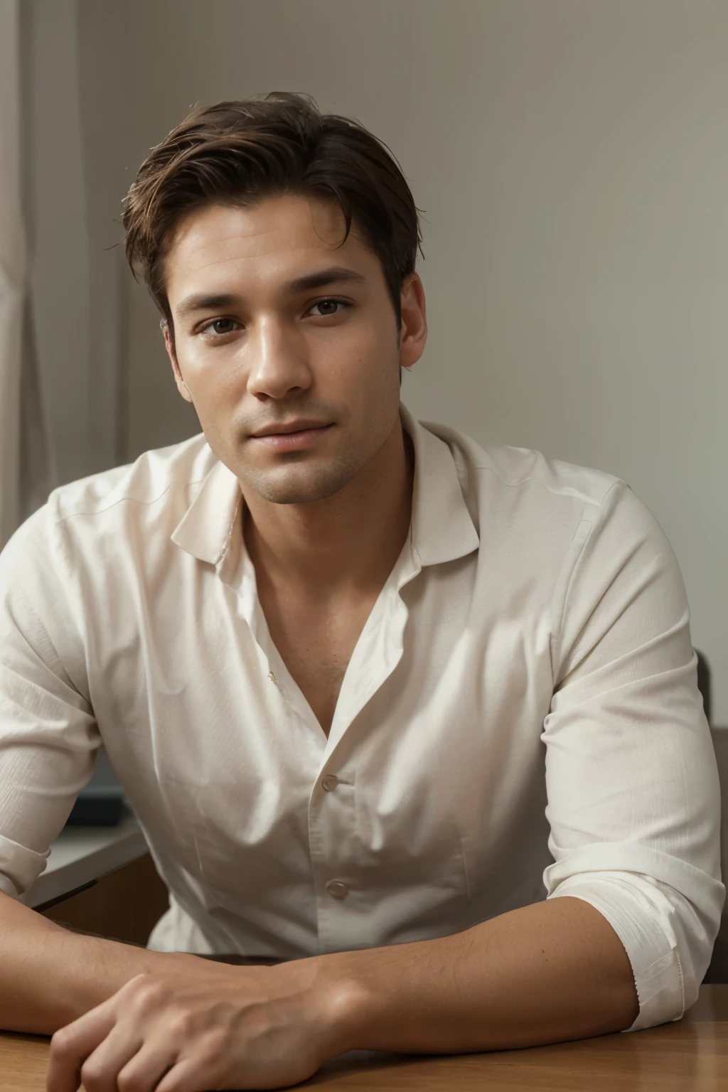 High quality, high definition, high resolution, 8k portrait, very detailed skin, 35 years old, boy, in hospital, beautiful face, wheat-colored skin, looking at camera, white suit, white shirt, sitting behind the table, portrait, High quality, high definition, high resolution, 8k portrait, very detailed skin, smooth skin face