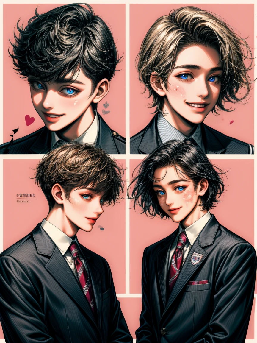 masterpiece, collage of life ordinary happy high school boy, school uniform, smile
