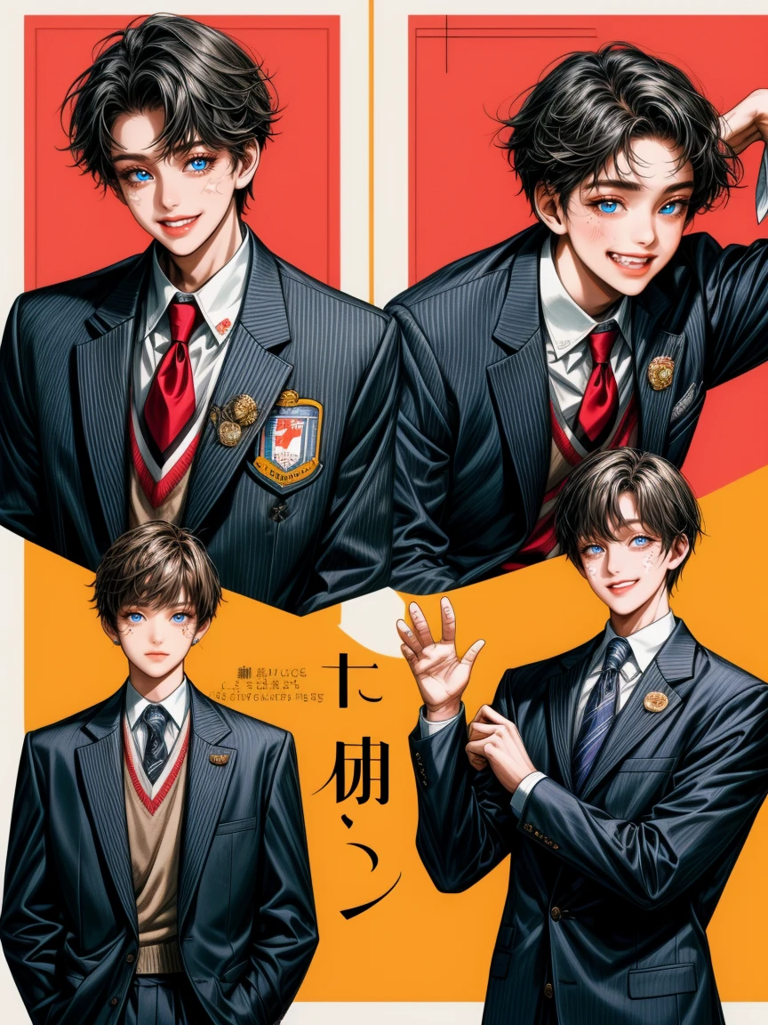 masterpiece, collage of life ordinary happy high school boy, school uniform, smile