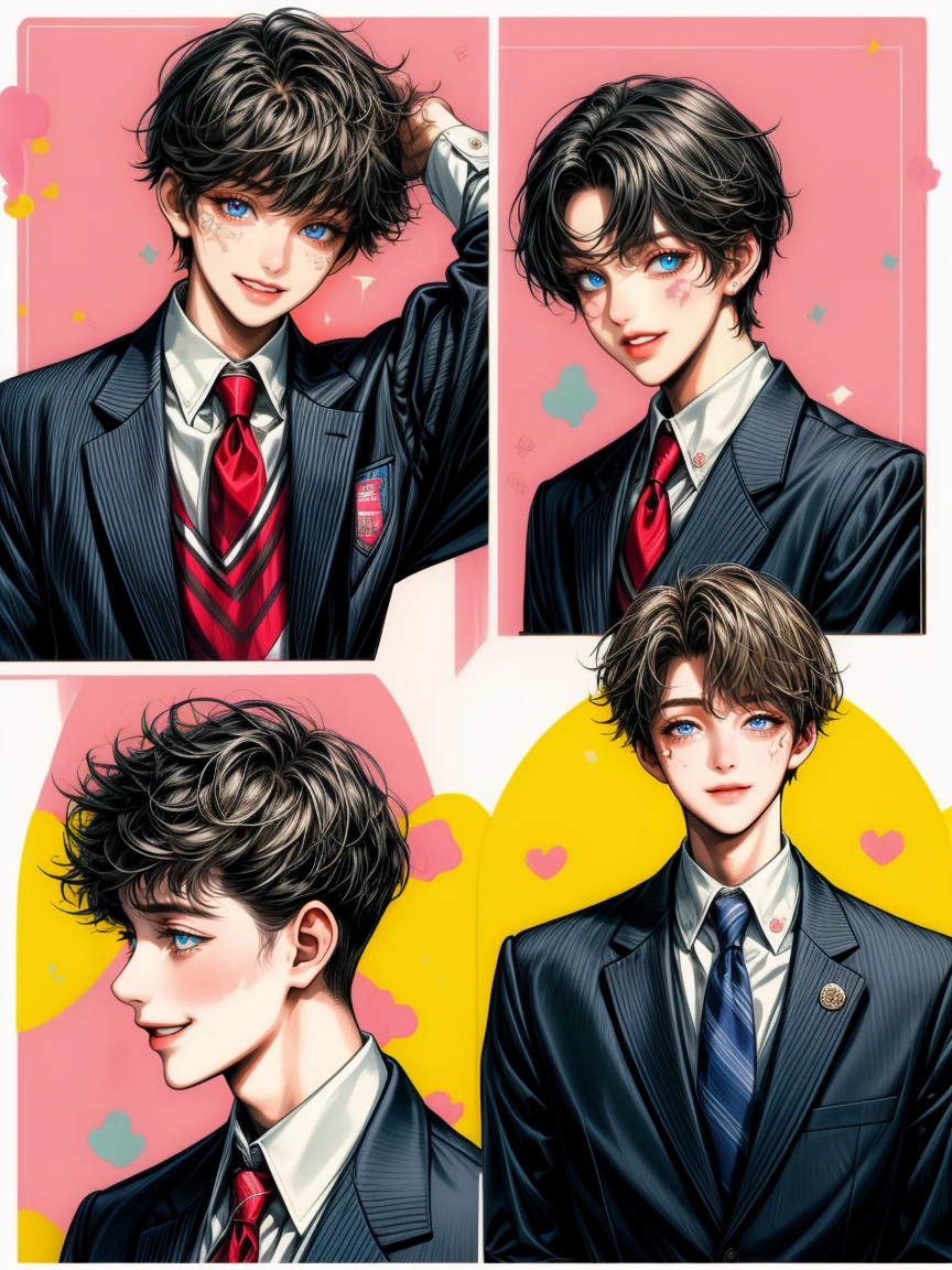 masterpiece, collage of life ordinary happy high school boy, school uniform, smile