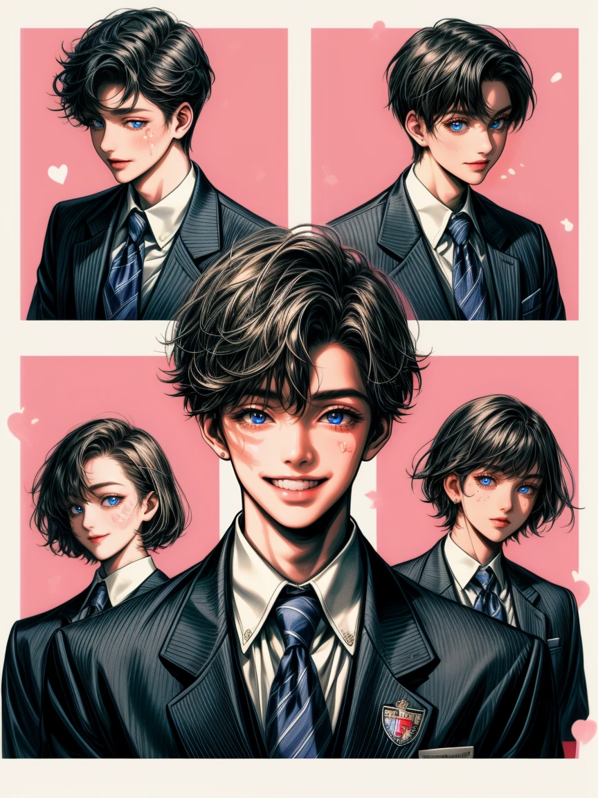masterpiece, collage of life ordinary happy high school boy, school uniform, smile