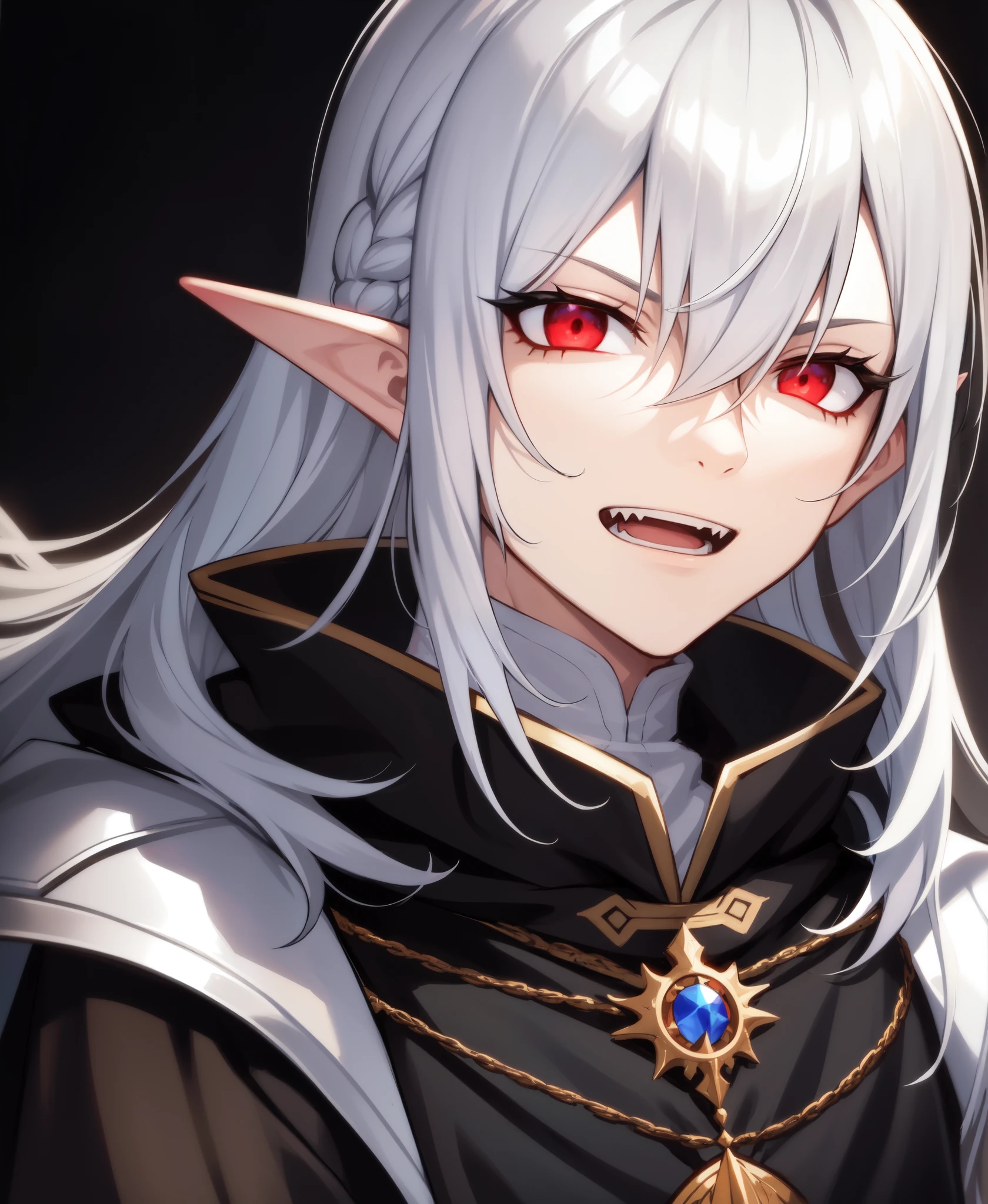 face close-up, antagonist, evil laugh, man with black hair and white cape, noble male elf in black robes, image of a male cleric, in dark robes with golden details, art casimir, handsome androgynous prince, portrait of a wizard, anor londo, delicate androgynous prince, wildcloak fin portrait, a portrait of a male elf, evil, neon red eyes, vibrant red eyes.