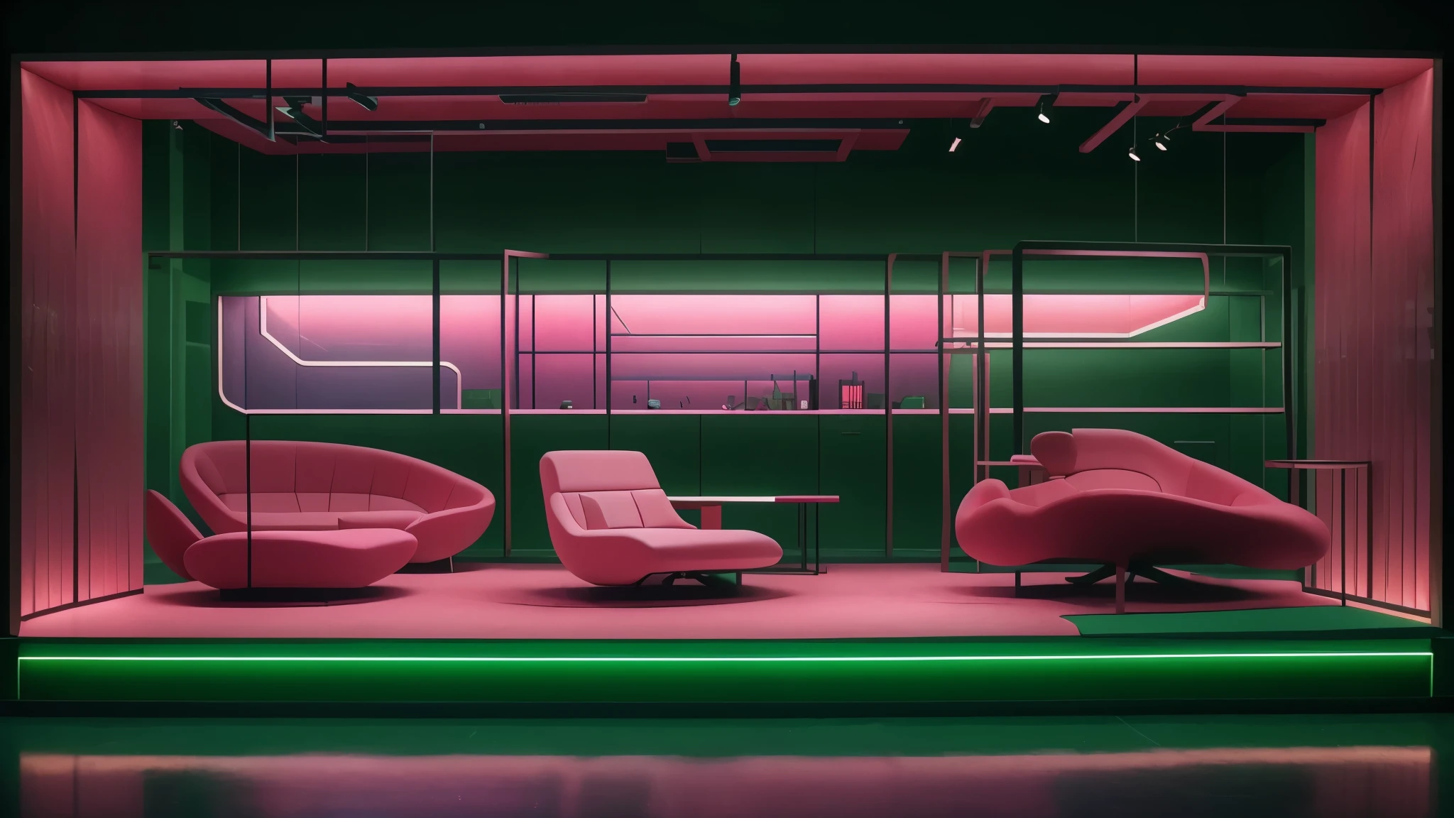 panoramic, Simple structure, neon lights, furniture, Exhibition hall, clean background, Glass, natural elements, high contrast, The whole picture is only green and pink, The picture is dark, perspective, 135mm, panorama, UHD, masterpiece, ccurate, best quality, highres, high quality, anatomically correct, retina, highres, best quality, masterpiece, high details, super detail