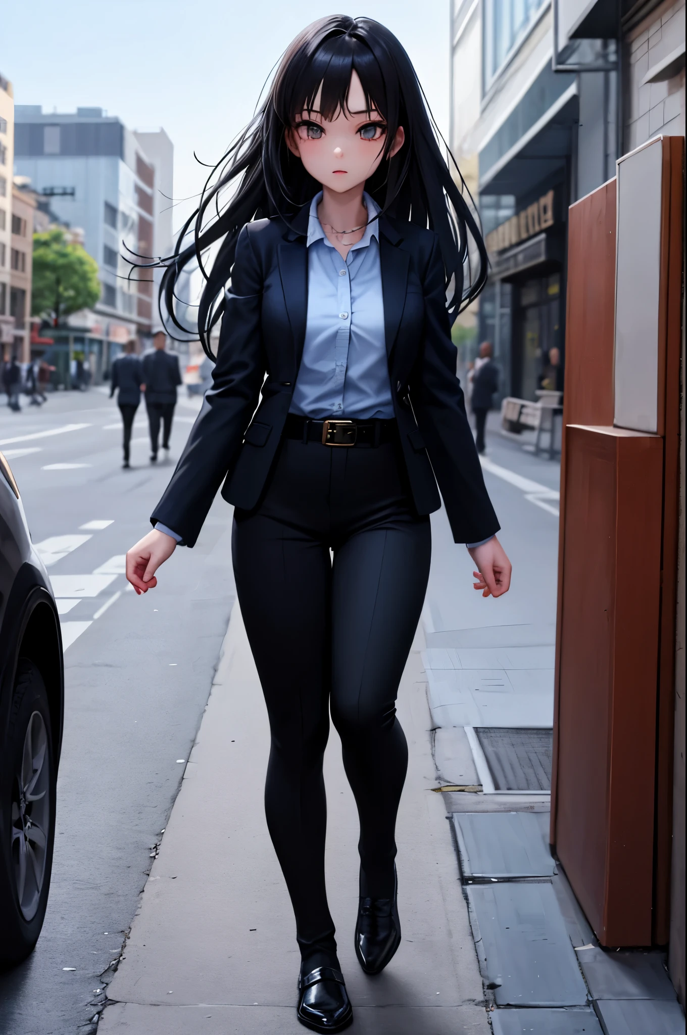 masterpiece, highest quality, 1 girl, long black hair, blue blazer, Formal shirts, belt, city street
