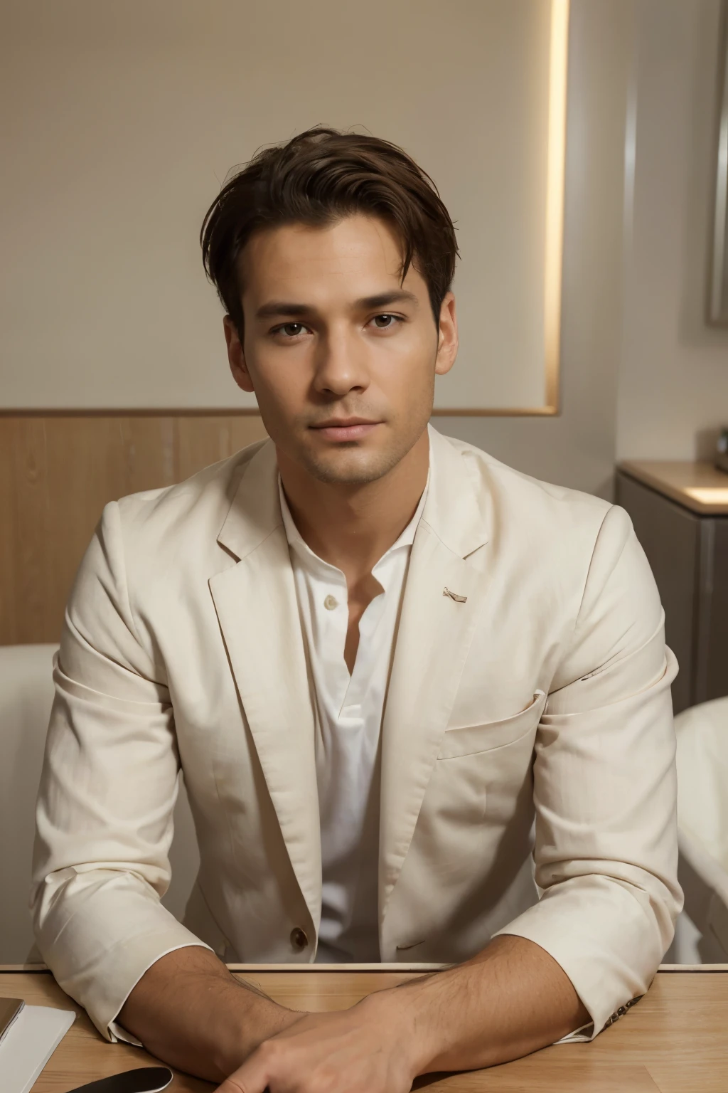 High quality, high definition, high resolution, 8k portrait, very detailed skin, 35 years old, boy, in hospital, beautiful face, wheat-colored skin, looking down, white suit, white shirt, sitting behind the table, portrait, High quality, high definition, high resolution, 8k portrait, very detailed skin, smooth skin face
