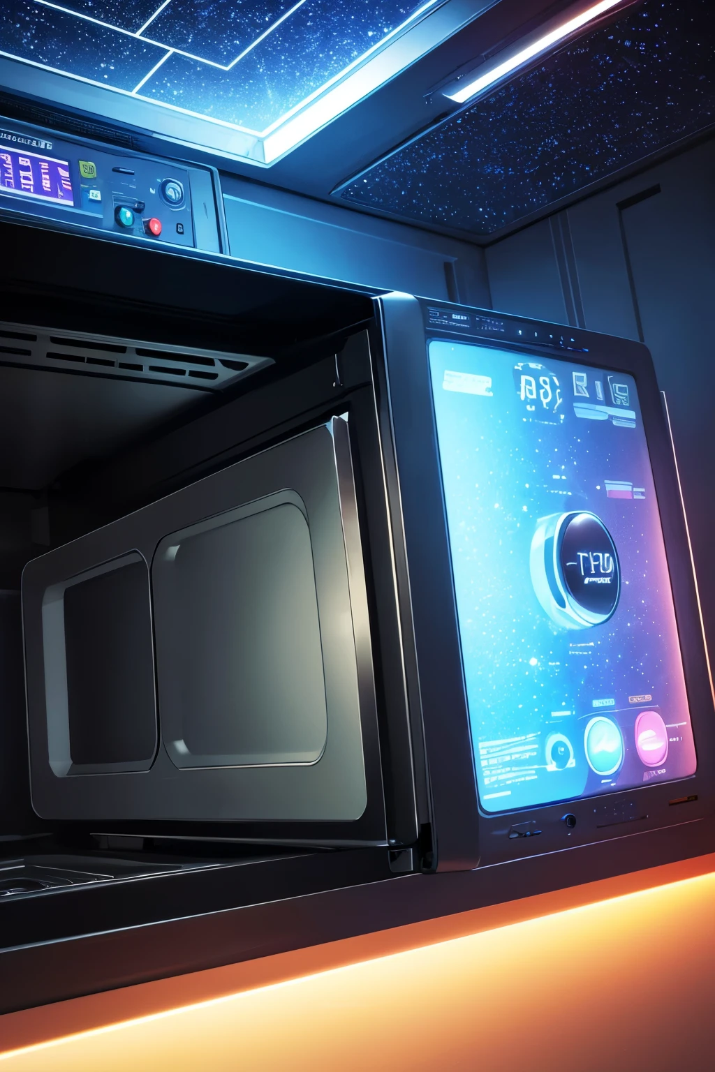 best quality, microwave oven with an upside-down clock door, visible electromagnetic waves, and a time leap to the past and future, digital, art, background galaxy, rainbow colors neon line light, image processing with mysterious effects