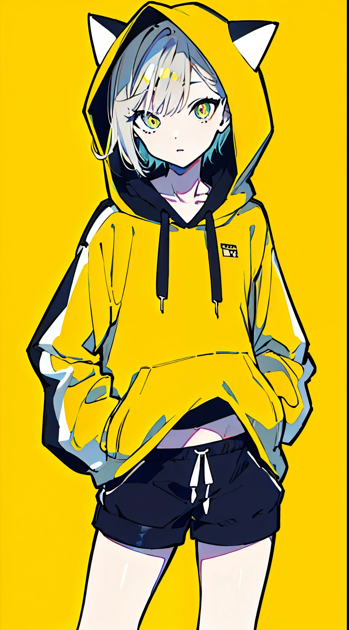 (masterpiece, highest quality:1.6), alone, thick outline, (simple background, Dark yellow background, monochrome, dark yellow theme:1.2), official art, Key Visual, 8K, disorganized, whole body, (Unique hair, Oversized Hoodies, hot pants, arch back, short torso:1.2), belly button, thighs, cowboy shot, HDR, sharp focus, High resolution, most detailed, very detailed, Super detailed, finely, detailed eyes and face, sharp pupils, realistic student, solo