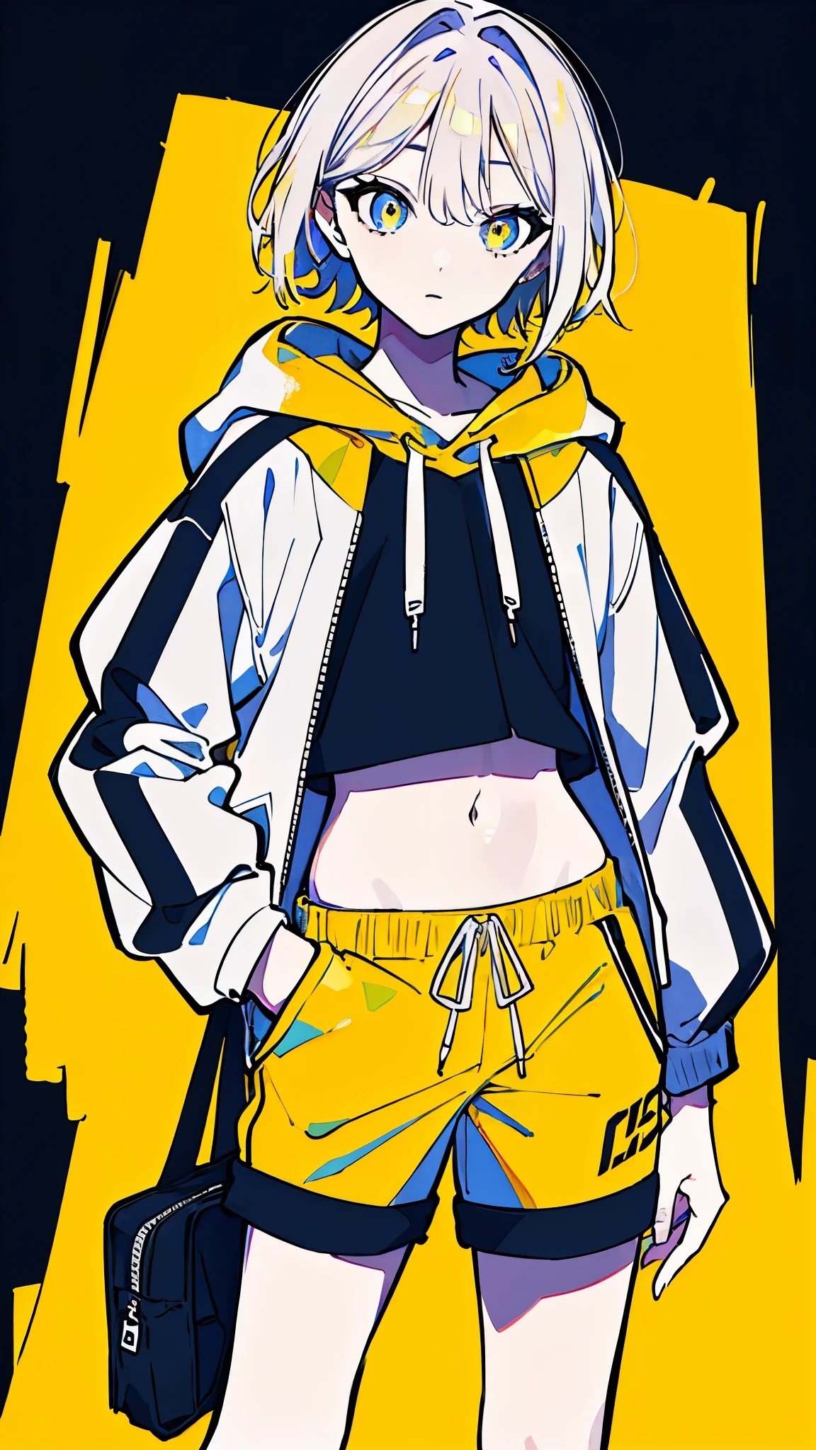 (masterpiece, highest quality:1.6), alone, thick outline, (simple background, Dark yellow background, monochrome, dark yellow theme:1.2), official art, Key Visual, 8K, disorganized, whole body, (Unique hair, Oversized Hoodies, hot pants, arch back, short torso:1.2), belly button, thighs, cowboy shot, HDR, sharp focus, High resolution, most detailed, very detailed, Super detailed, finely, detailed eyes and face, sharp pupils, realistic student