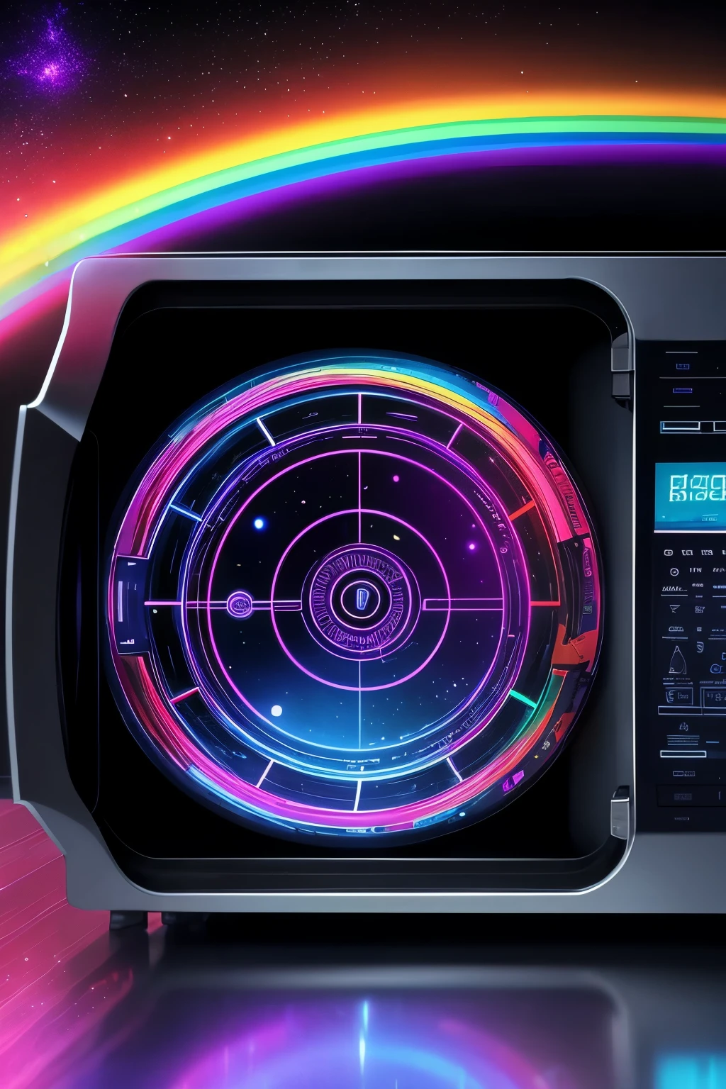 best quality, microwave oven with an upside-down clock door, visible electromagnetic waves, and a time leap to the past and future, digital, art, background galaxy, rainbow colors neon line light, image processing with mysterious effects