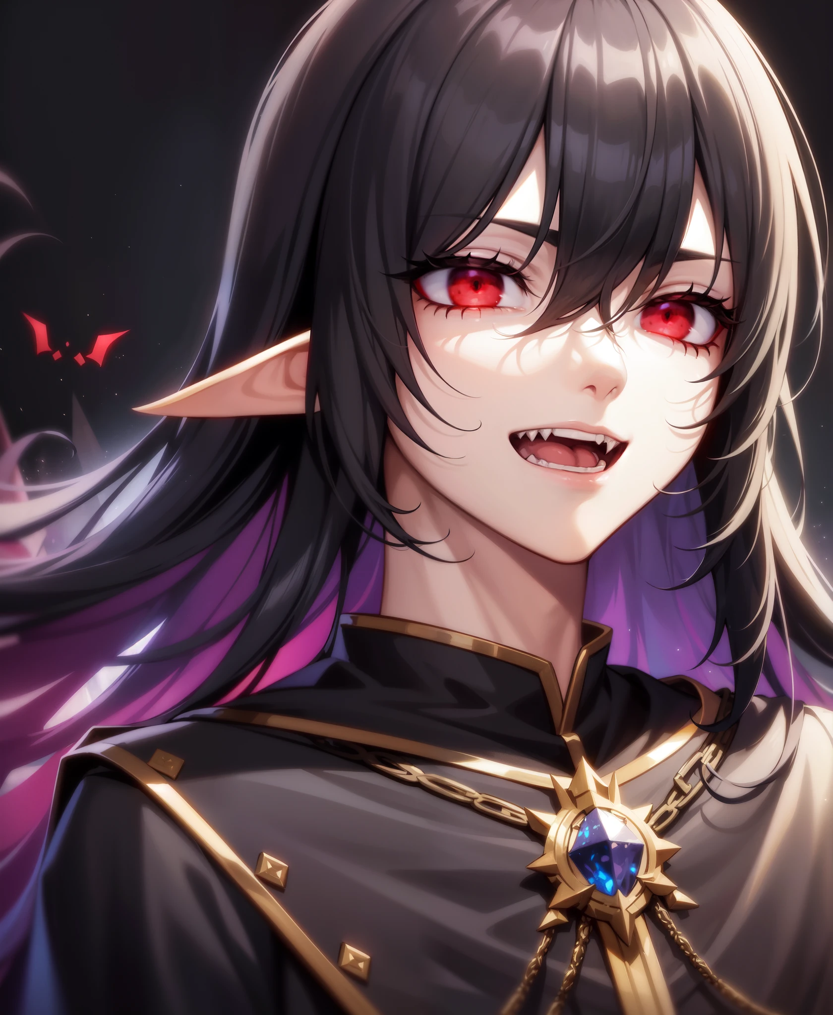 face close-up, antagonist, evil laugh, man with black hair and white cape, noble male elf in black robes, image of a male cleric, in dark robes with golden details, art casimir, handsome androgynous prince, portrait of a wizard, anor londo, delicate androgynous prince, wildcloak fin portrait, a portrait of a male elf, evil, neon red eyes, vibrant red eyes.