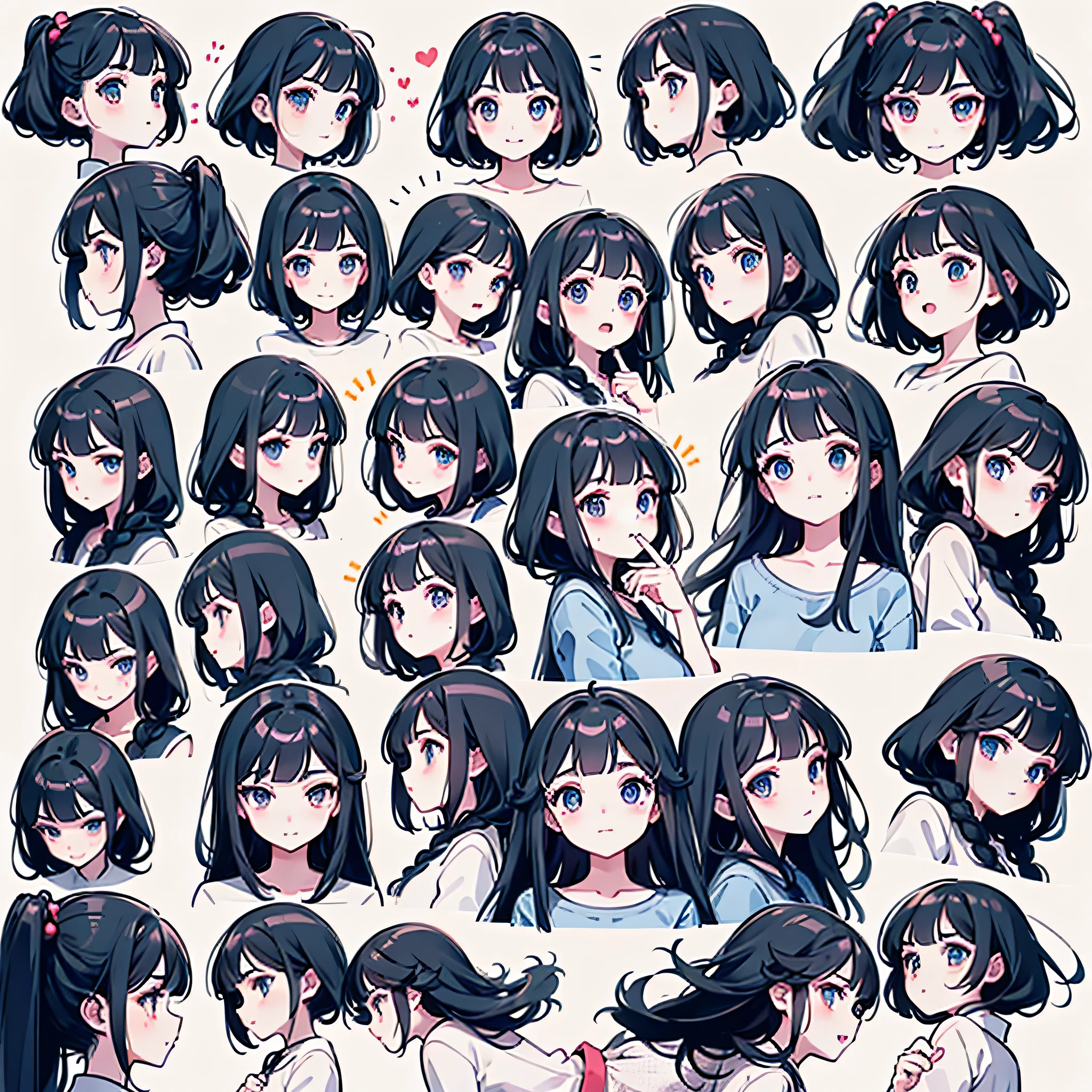 Cute avatar，blue hair, blue eye, long hair, innocent, emoji pack，(9 emojis，emoji sheet，Align arrangement)，9 poses and expressions（Grieving，astonishment，having fun，excitement，big laughter，doubt，Angry，Touch your head，Sell moe, wait），Anthropomorphic style，Disney style，Black strokes，Different emotions，9 poses and expressions，8K, white background