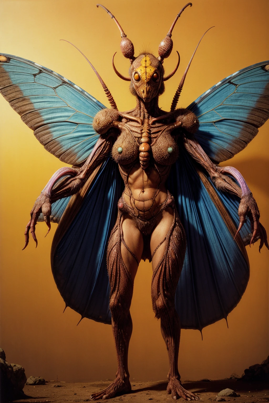 best quality, masterpiece, ultra high res, (photo realistic:1.4), arafed woman, standing, a blue butterfly with a yellow crown on its head, wayne barlowe concept art, insectoid, by Dugald Sutherland MacColl, inspired by Philippe Druillet, by Philippe Druillet, luminescence，highly detailed, she has iridescent membranes, by Roger Dean, mystical insects, wayne barlowe detailed